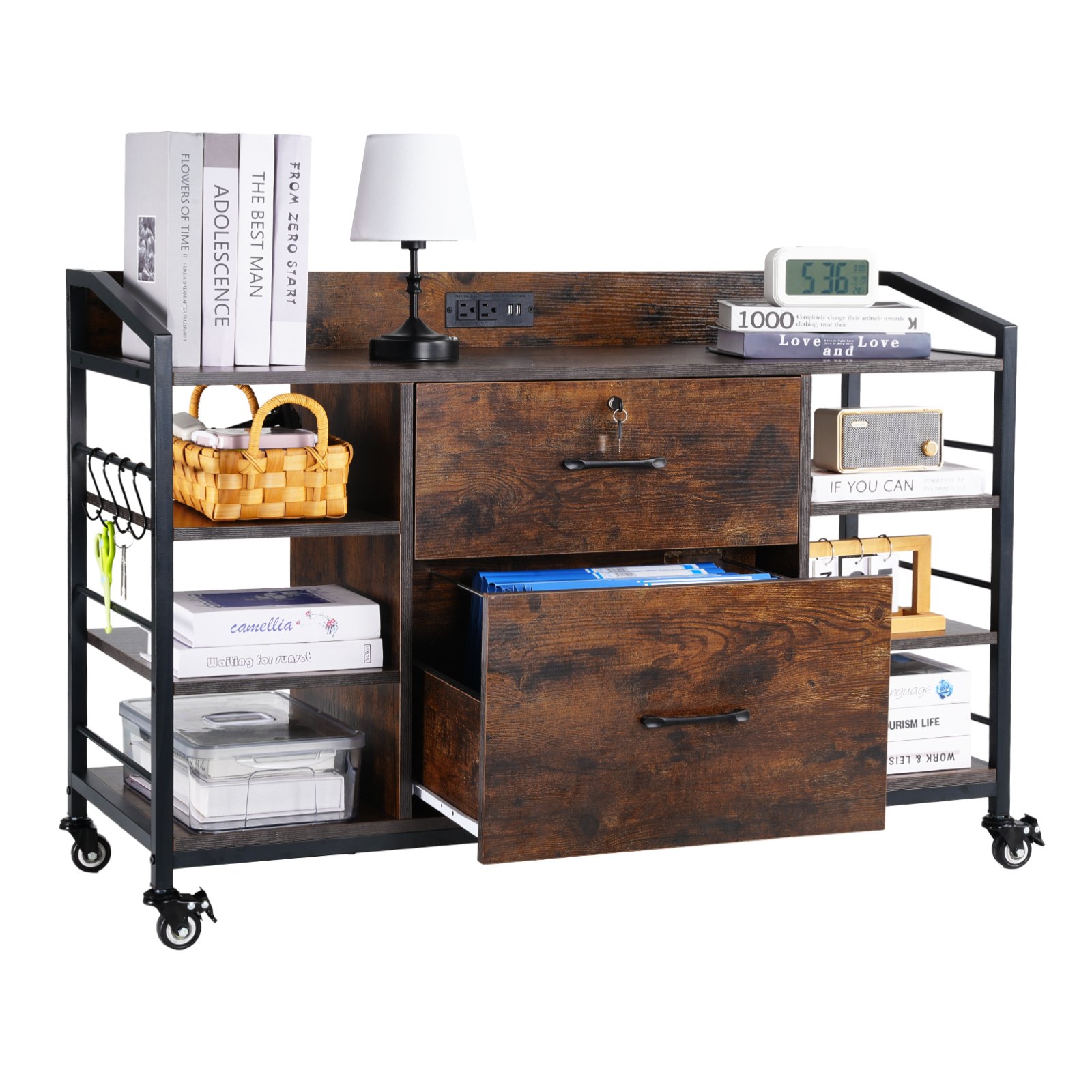 VEVOR 2 Drawers Metal File Cabinet, Lateral Filing Cabinet with Lock and 6 Open Shelves, Wooden Wide Filing Storage Cabinets with Power Strip for Letter, A4, Legal Size File, Easy Assembly, Brown