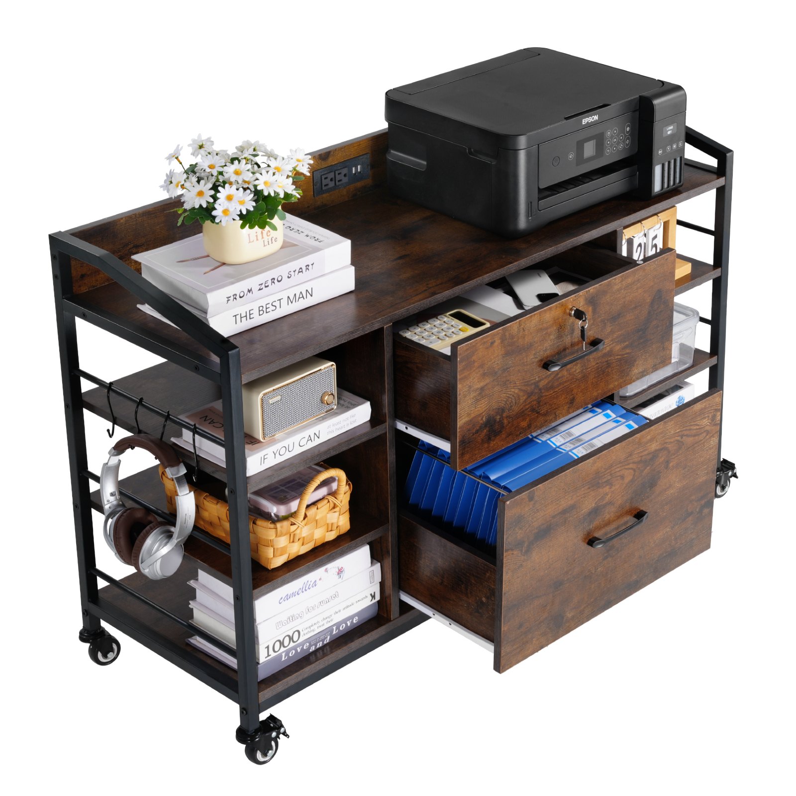 VEVOR 2 Drawers Metal File Cabinet, Lateral Filing Cabinet with Lock and 6 Open Shelves, Wooden Wide Filing Storage Cabinets with Power Strip for Letter, A4, Legal Size File, Easy Assembly, Brown