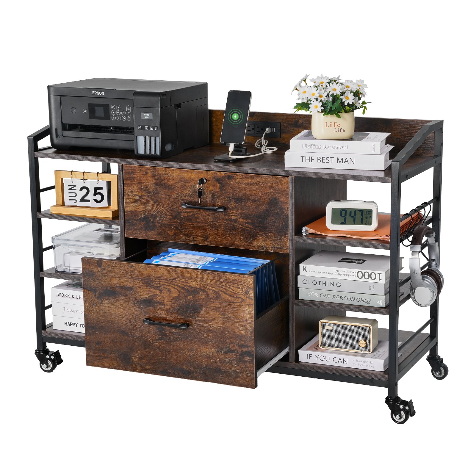 VEVOR 2 Drawers Metal File Cabinet, Lateral Filing Cabinet with Lock and 6 Open Shelves, Wooden Wide Filing Storage Cabinets with Power Strip for Letter, A4, Legal Size File, Easy Assembly, Brown