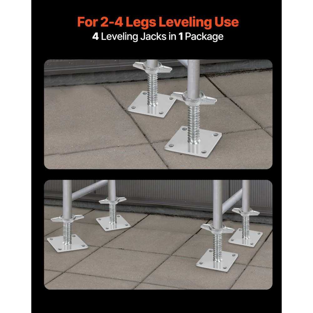 VEVOR - Juego de 4 gatos niveladores ajustables, altura ajustable de 46 cm y capacidad de carga total de 1500 kg, gatos de tornillo de acero al carbono sólido para andamios tipo panadero, color plateado
