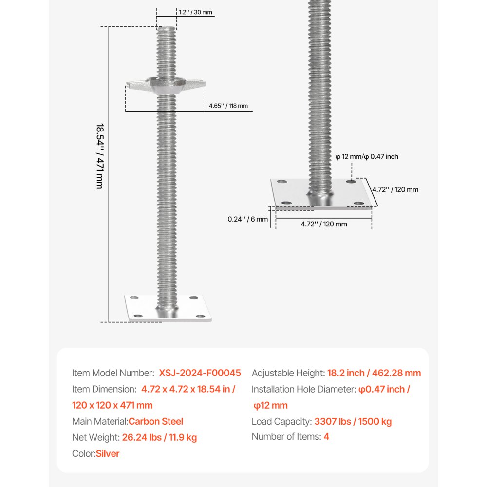 VEVOR - Juego de 4 gatos niveladores ajustables, altura ajustable de 46 cm y capacidad de carga total de 1500 kg, gatos de tornillo de acero al carbono sólido para andamios tipo panadero, color plateado