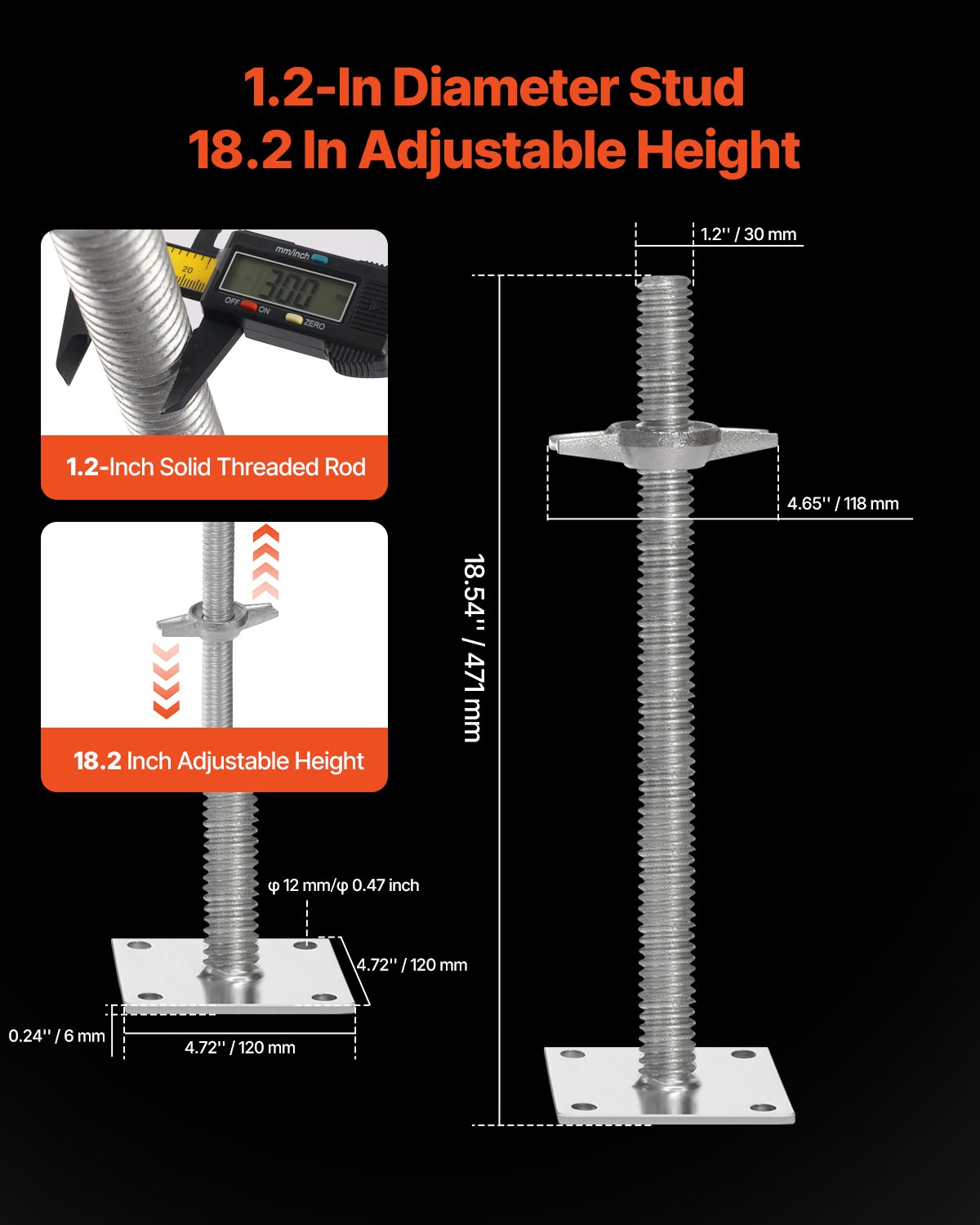 VEVOR - Juego de 4 gatos niveladores ajustables, altura ajustable de 46 cm y capacidad de carga total de 1500 kg, gatos de tornillo de acero al carbono sólido para andamios tipo panadero, color plateado
