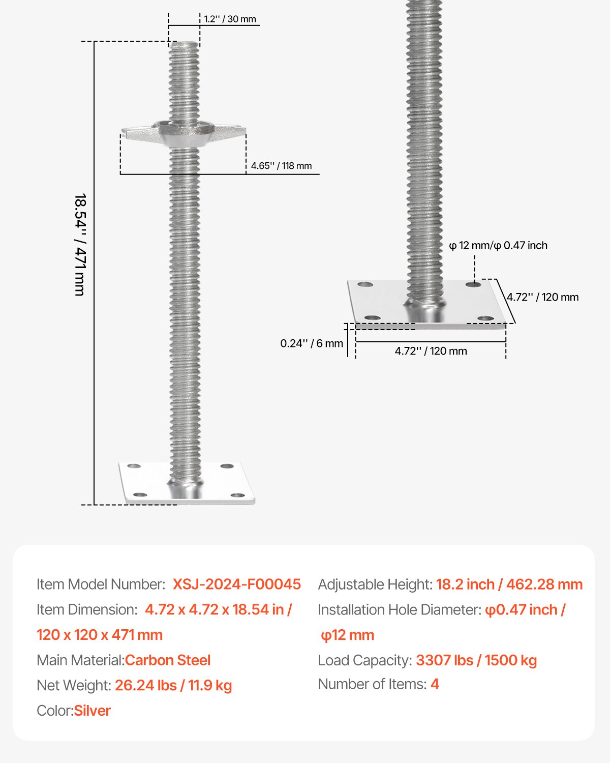 VEVOR - Juego de 4 gatos niveladores ajustables, altura ajustable de 46 cm y capacidad de carga total de 1500 kg, gatos de tornillo de acero al carbono sólido para andamios tipo panadero, color plateado