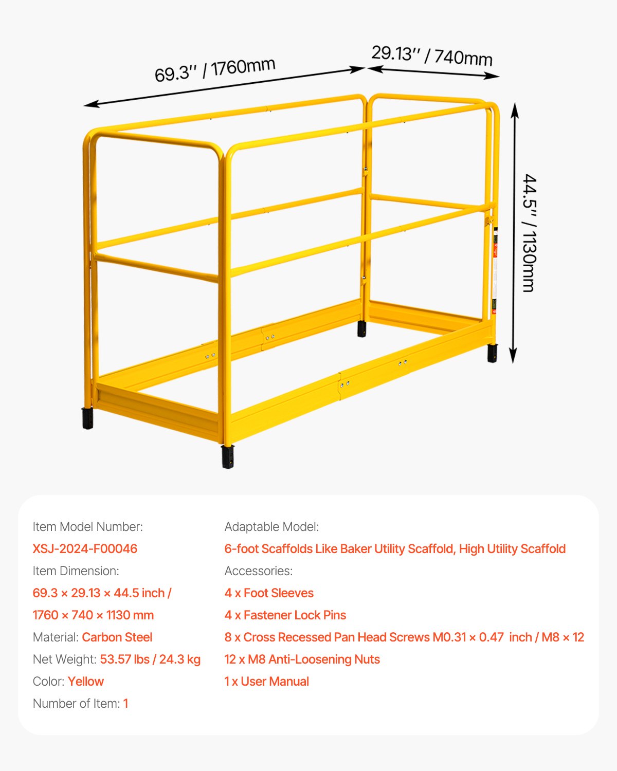 6ft Scaffolding Safety Guard Rail System For Baker-Style Scaffolding Yellow