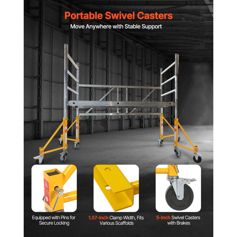 VEVOR 4-Pack Scaffold Outriggers, 1000 lbs Total Load Capacity Baker-Style Scaffolding Accessory with Swivel Casters, Carbon Steel Scaffold Wheel System with Rust Proof Galvanized Surface, Yellow
