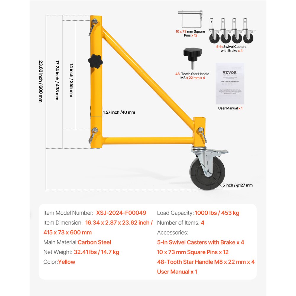 VEVOR 4-Pack Scaffold Outriggers, 1000 lbs Total Load Capacity Baker-Style Scaffolding Accessory with Swivel Casters, Carbon Steel Scaffold Wheel System with Rust Proof Galvanized Surface, Yellow
