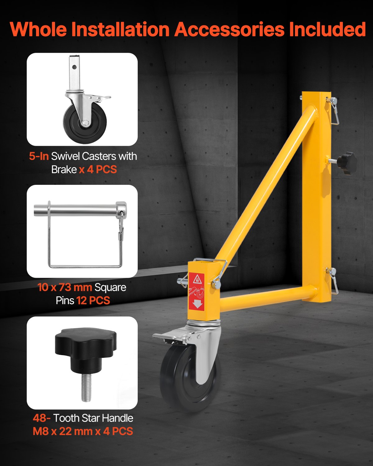 VEVOR 4-Pack Scaffold Outriggers, 1000 lbs Total Load Capacity Baker-Style Scaffolding Accessory with Swivel Casters, Carbon Steel Scaffold Wheel System with Rust Proof Galvanized Surface, Yellow