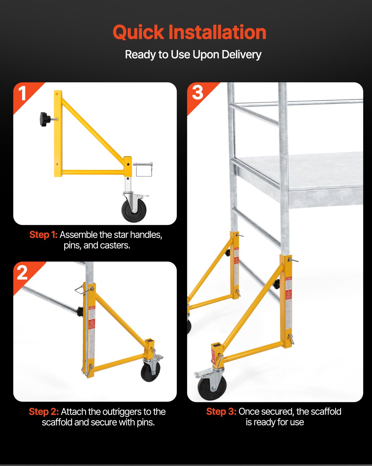 VEVOR 4-Pack Scaffold Outriggers, 1000 lbs Total Load Capacity Baker-Style Scaffolding Accessory with Swivel Casters, Carbon Steel Scaffold Wheel System with Rust Proof Galvanized Surface, Yellow