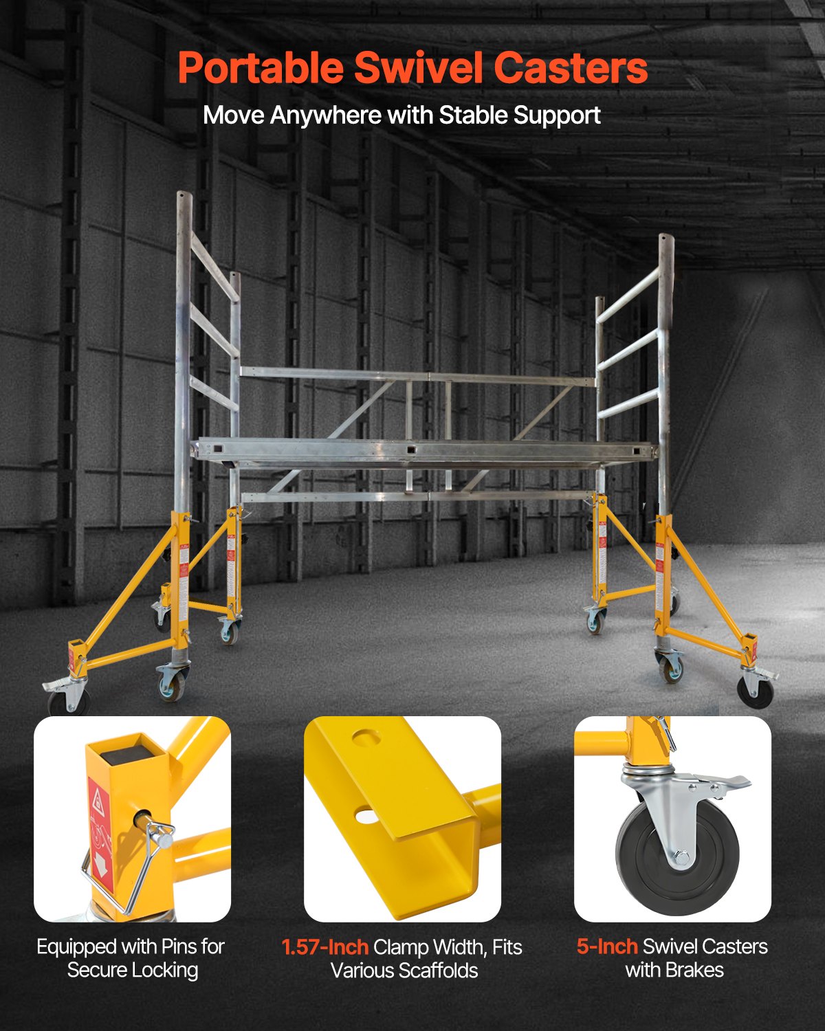 VEVOR 4-Pack Scaffold Outriggers, 1000 lbs Total Load Capacity Baker-Style Scaffolding Accessory with Swivel Casters, Carbon Steel Scaffold Wheel System with Rust Proof Galvanized Surface, Yellow