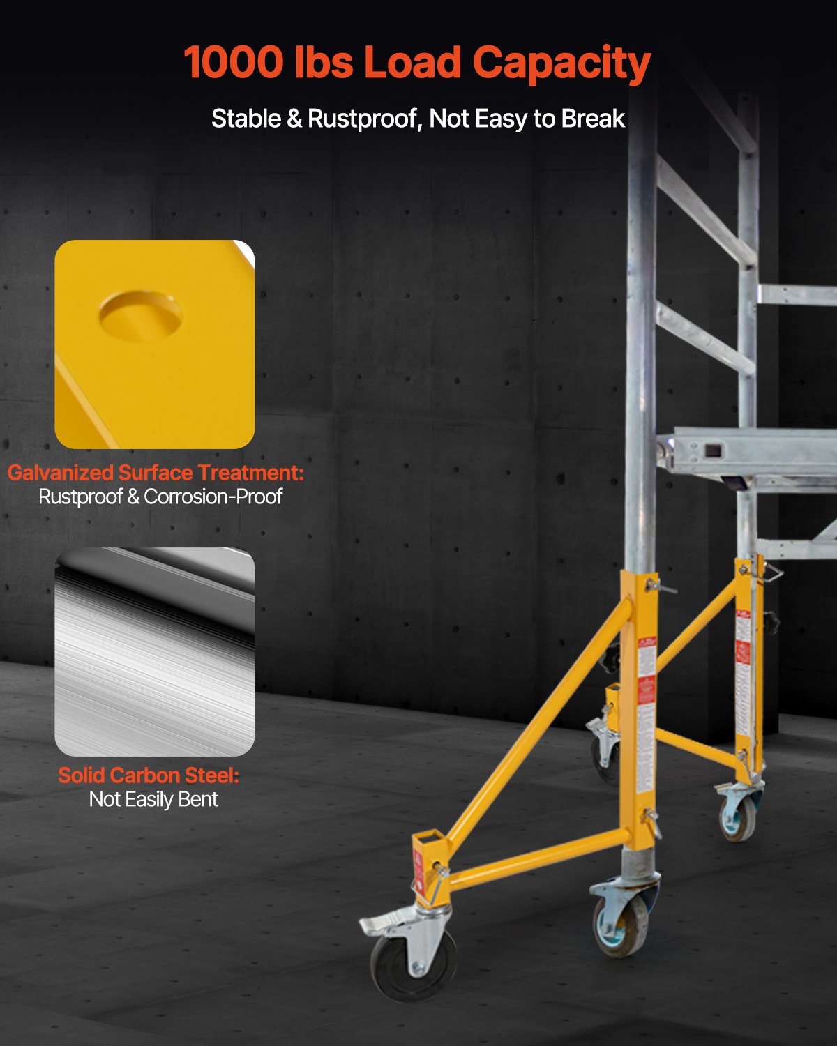 VEVOR 4-Pack Scaffold Outriggers, 1000 lbs Total Load Capacity Baker-Style Scaffolding Accessory with Swivel Casters, Carbon Steel Scaffold Wheel System with Rust Proof Galvanized Surface, Yellow