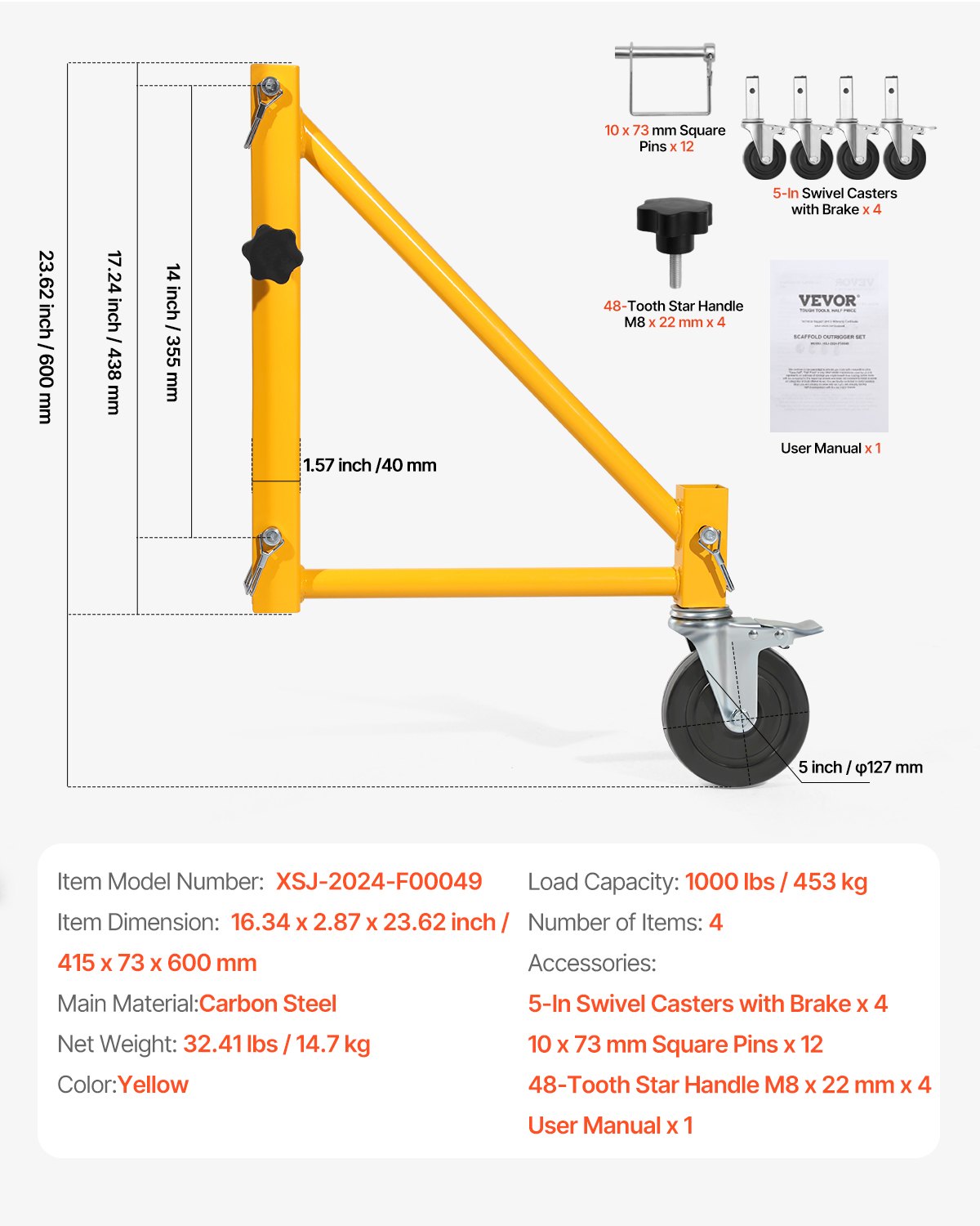 VEVOR 4-Pack Scaffold Outriggers, 1000 lbs Total Load Capacity Baker-Style Scaffolding Accessory with Swivel Casters, Carbon Steel Scaffold Wheel System with Rust Proof Galvanized Surface, Yellow