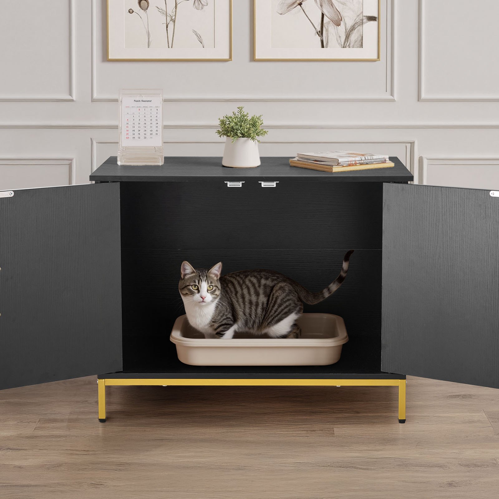 Mueble para caja de arena para gatos VEVOR, mueble oculto de 70 cm con patas y asa de metal, mesa auxiliar moderna para baño de gatos, compatible con la mayoría de cajas de arena, para dormitorio y sala de estar.