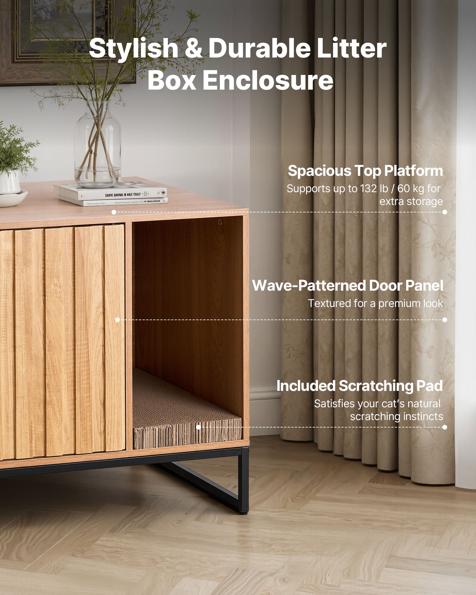 Mueble para caja de arena para gatos VEVOR, mueble oculto de 80 cm con rascador y almacenamiento, mesa auxiliar impermeable para baño, apto para la mayoría de cajas de arena, para dormitorio y sala de estar.