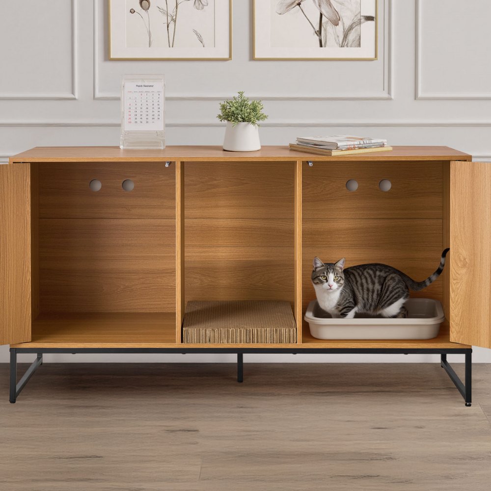 VEVOR Cat Litter Box Enclosure Furniture, 120 cm Hidden Litter Box Cabinet with Scratch Pad & Storage, Waterproof Cat Washroom End Table Cat House, Fit Most of Litterbox, for Bedroom Living Room