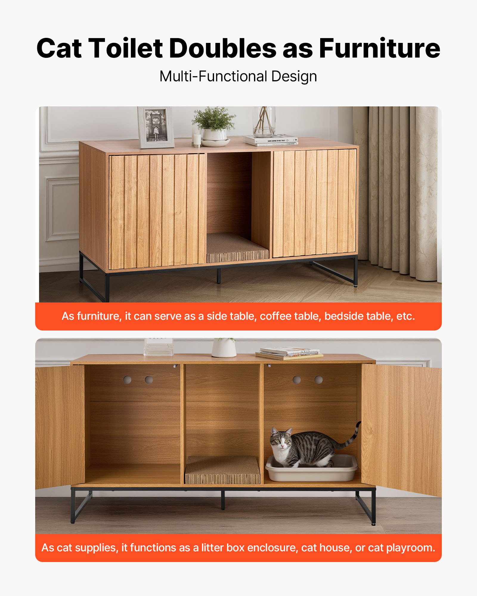 VEVOR Cat Litter Box Enclosure Furniture, 120 cm Hidden Litter Box Cabinet with Scratch Pad & Storage, Waterproof Cat Washroom End Table Cat House, Fit Most of Litterbox, for Bedroom Living Room