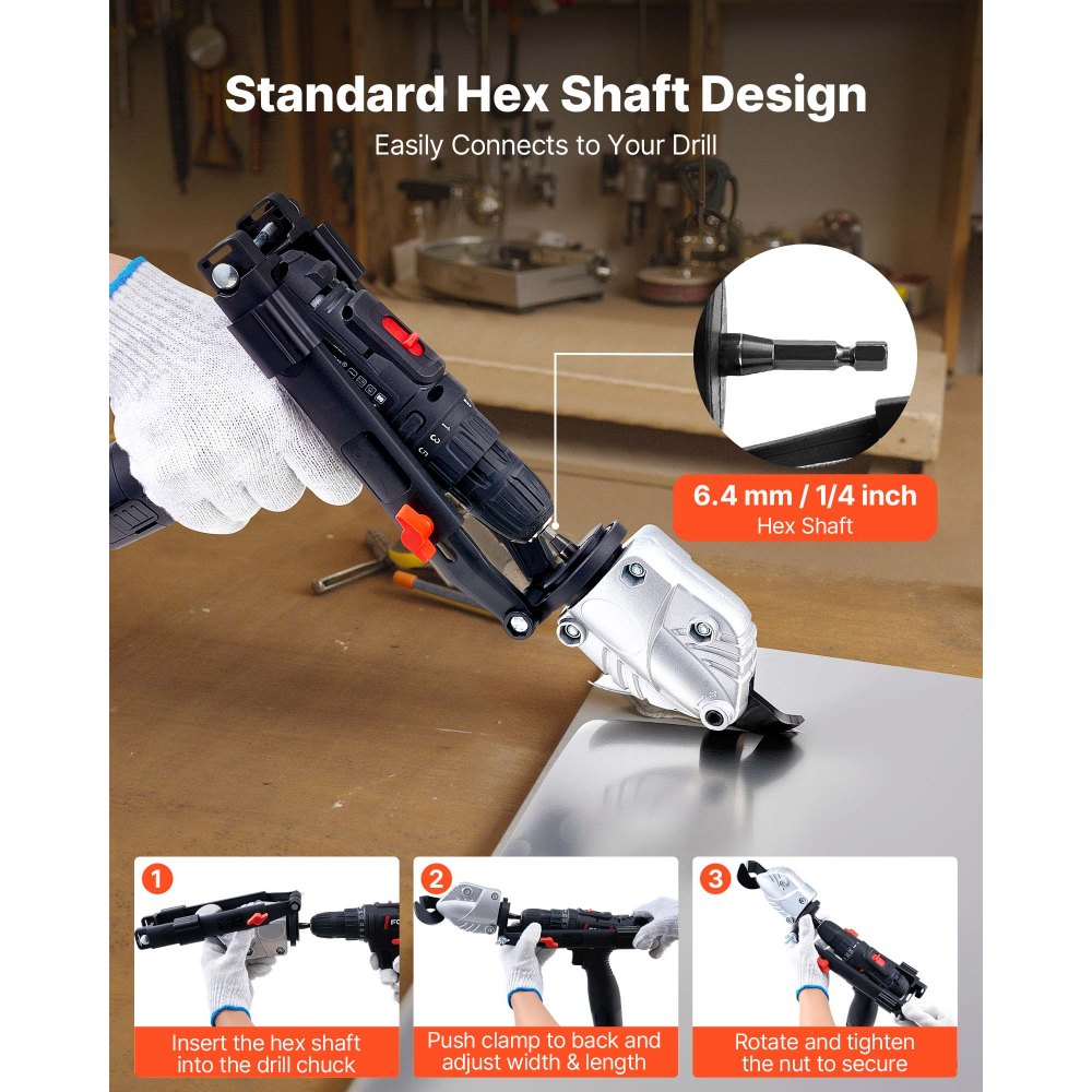 VEVOR Metal Shear/Cutter Drill Attachment, Sheet Metal Cutter with 360-Degree Pivoting Head, Sharp Blades,Ideal for 18 GA Galvanized Steel, 20 GA Stainless Steel, Aluminum Plate, Plastic, Cardboard