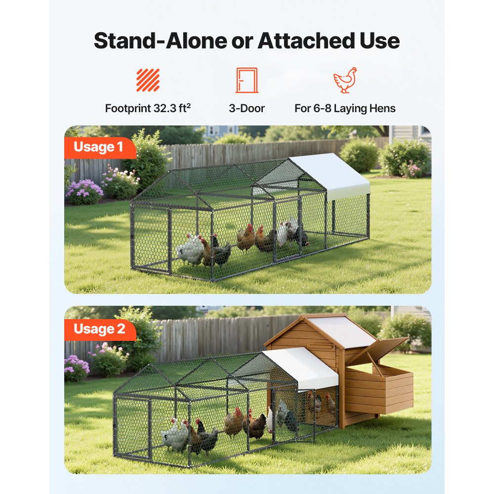VEVOR Metal Chicken Coop for 6-8 Chickens 3.3x9.8x3.3 ft Small Chicken Cage, Spire Roof Poultry Run with Waterproof Cover & 3 Doors, Compatible with Wooden Coops, for Rabbit Hen Goose Duck, Backyard