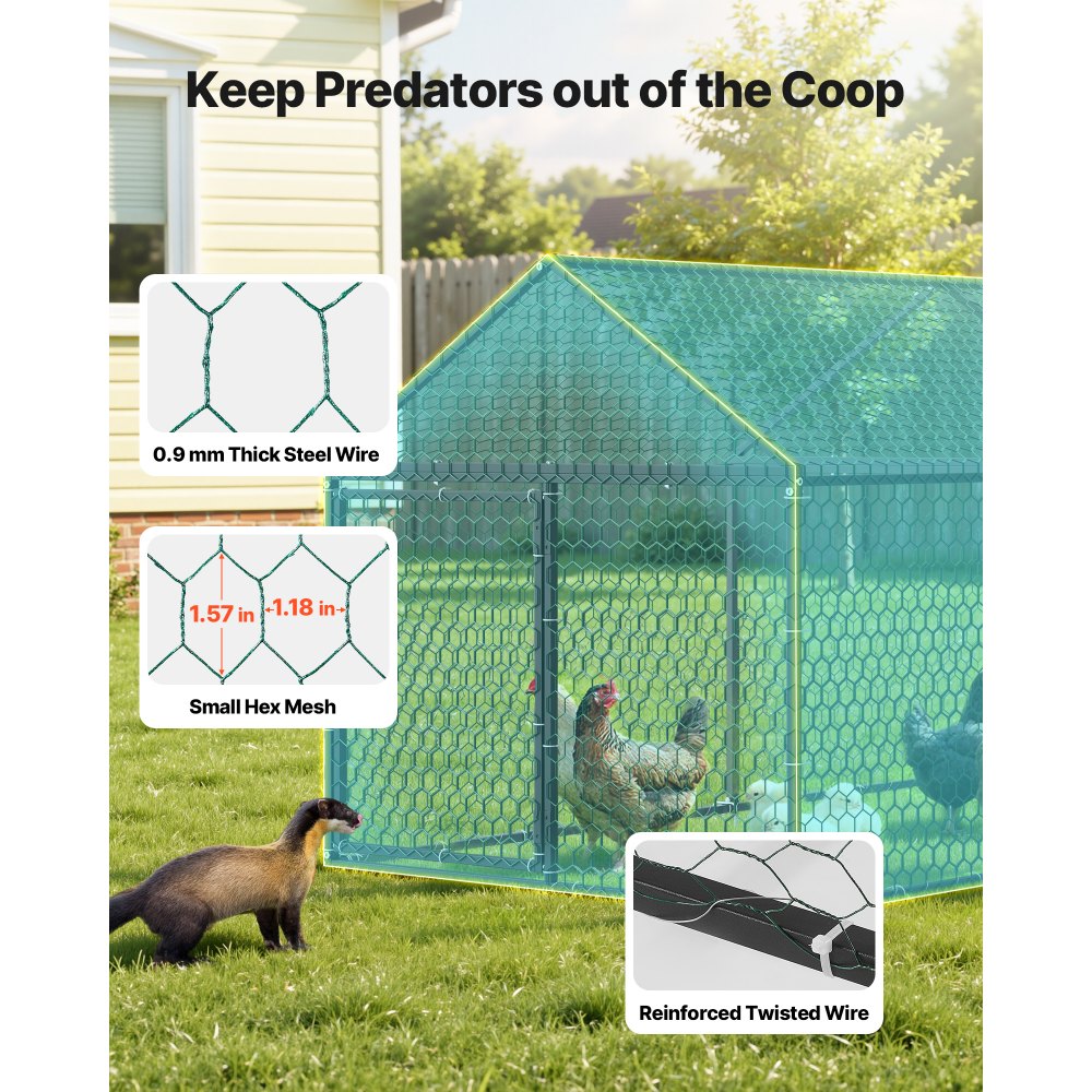 VEVOR Metal Chicken Coop for 6-8 Chickens 3.3x9.8x3.3 ft Small Chicken Cage, Spire Roof Poultry Run with Waterproof Cover & 3 Doors, Compatible with Wooden Coops, for Rabbit Hen Goose Duck, Backyard