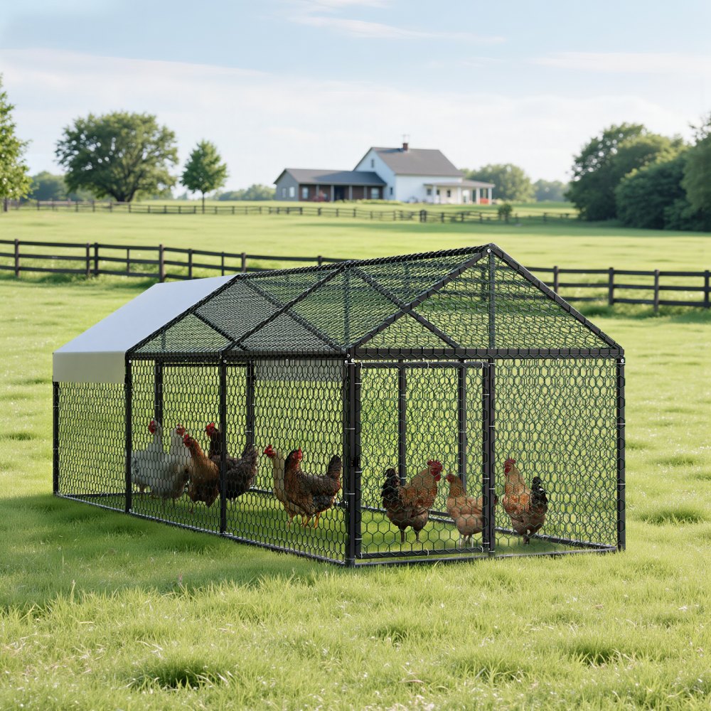 VEVOR Metal Chicken Coop for 6-8 Chickens 3.3x9.8x3.3 ft Small Chicken Cage, Spire Roof Poultry Run with Waterproof Cover & 3 Doors, Compatible with Wooden Coops, for Rabbit Hen Goose Duck, Backyard