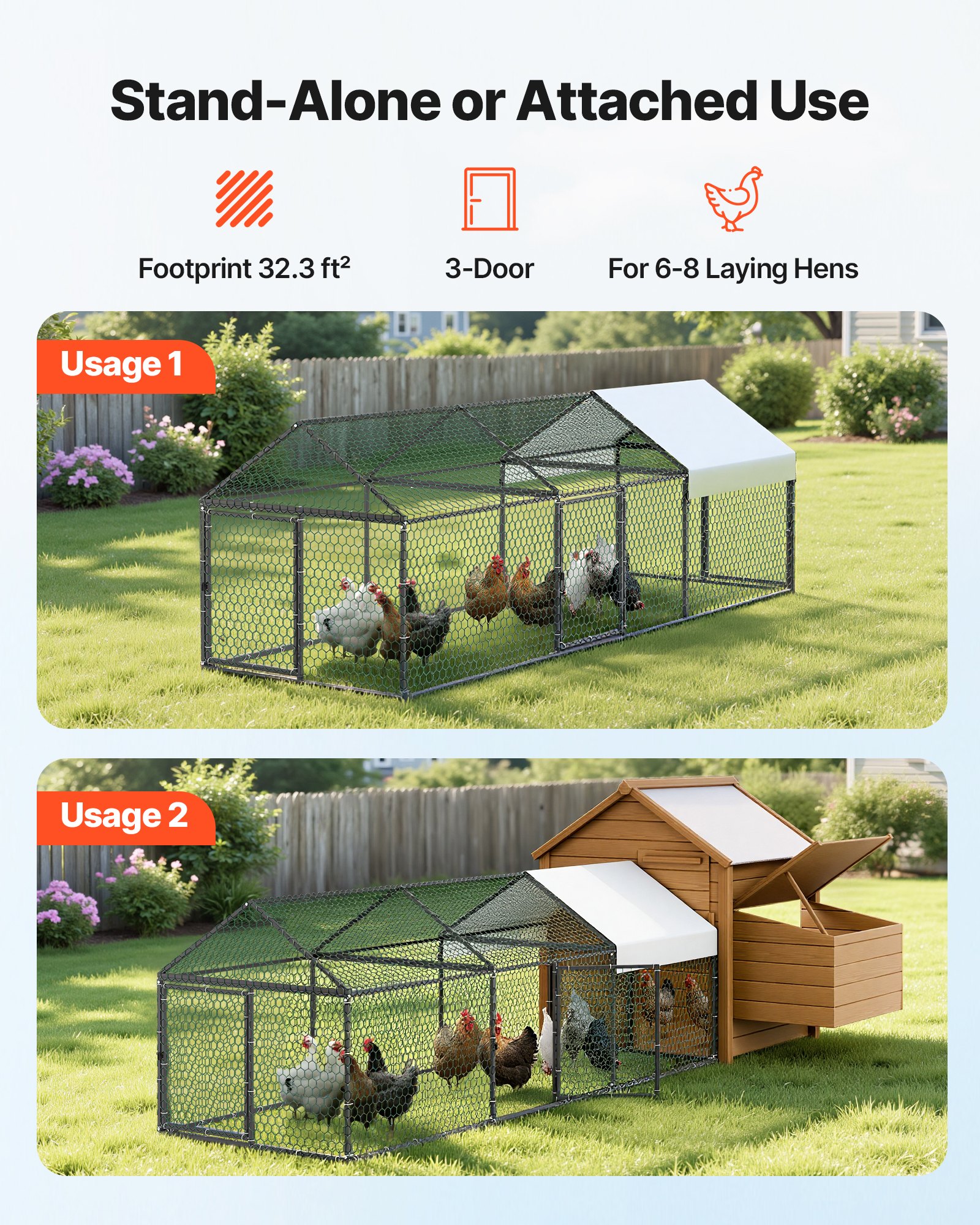 VEVOR Metal Chicken Coop for 6-8 Chickens 3.3x9.8x3.3 ft Small Chicken Cage, Spire Roof Poultry Run with Waterproof Cover & 3 Doors, Compatible with Wooden Coops, for Rabbit Hen Goose Duck, Backyard
