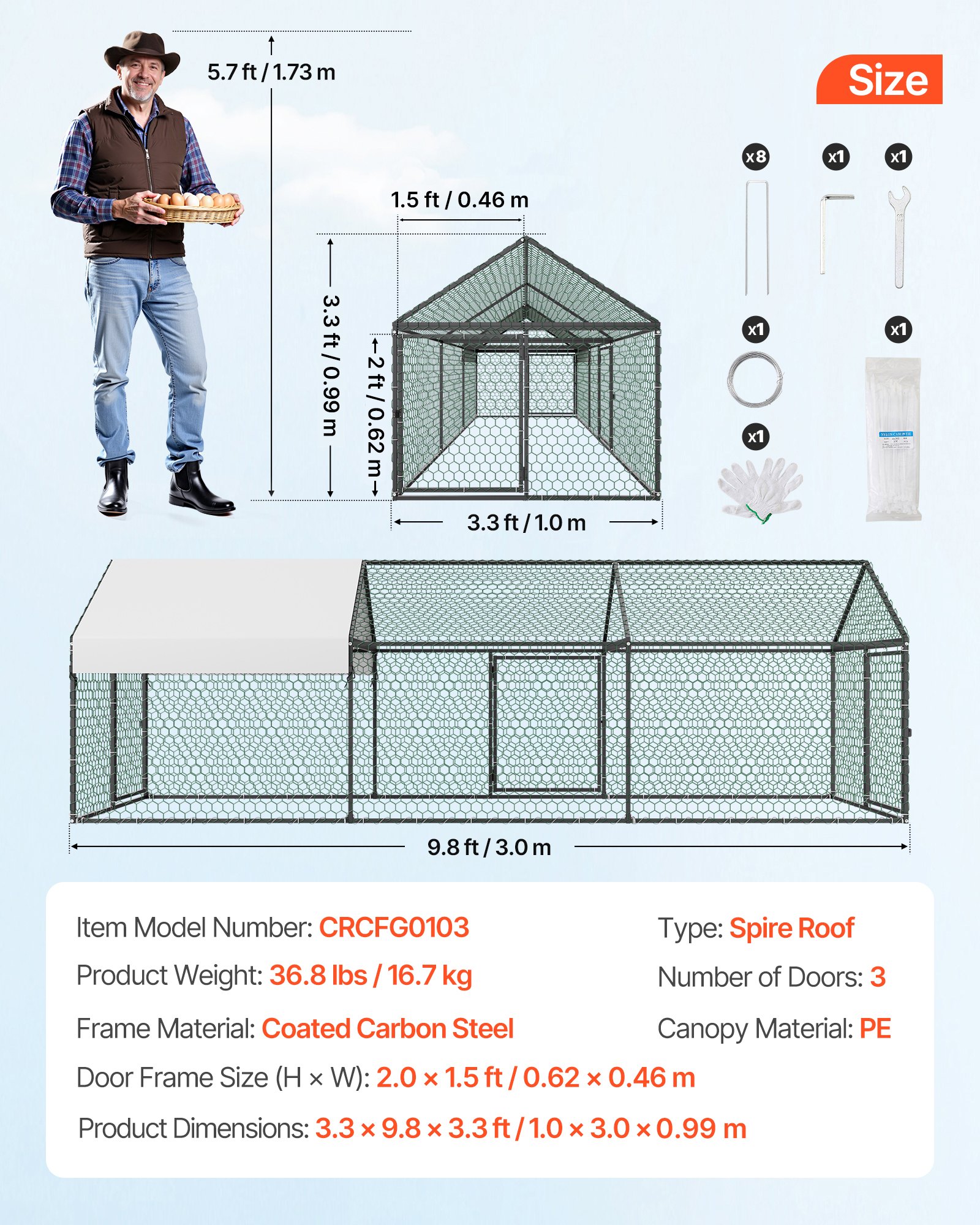 VEVOR Metal Chicken Coop for 6-8 Chickens 3.3x9.8x3.3 ft Small Chicken Cage, Spire Roof Poultry Run with Waterproof Cover & 3 Doors, Compatible with Wooden Coops, for Rabbit Hen Goose Duck, Backyard