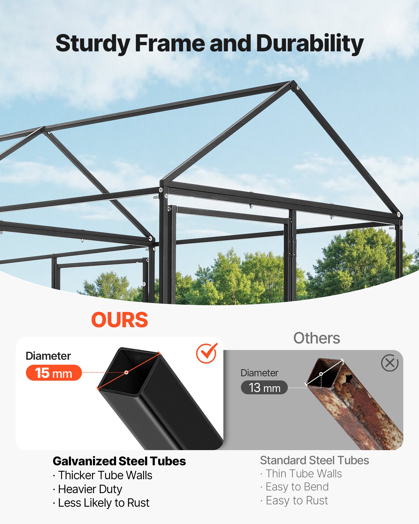 VEVOR Metal Chicken Coop for 6-8 Chickens 3.3x9.8x3.3 ft Small Chicken Cage, Spire Roof Poultry Run with Waterproof Cover & 3 Doors, Compatible with Wooden Coops, for Rabbit Hen Goose Duck, Backyard