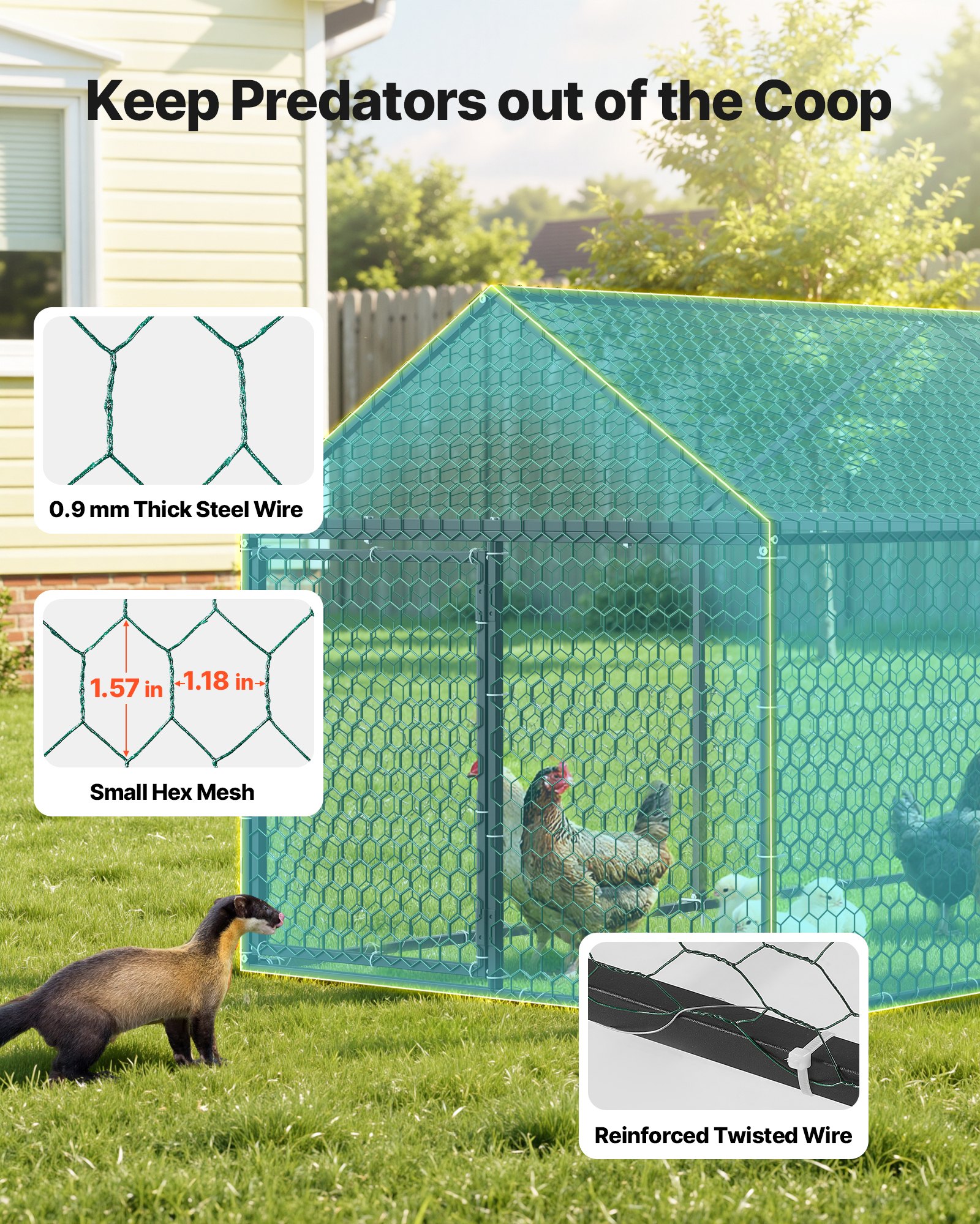 VEVOR Metal Chicken Coop for 6-8 Chickens 3.3x9.8x3.3 ft Small Chicken Cage, Spire Roof Poultry Run with Waterproof Cover & 3 Doors, Compatible with Wooden Coops, for Rabbit Hen Goose Duck, Backyard