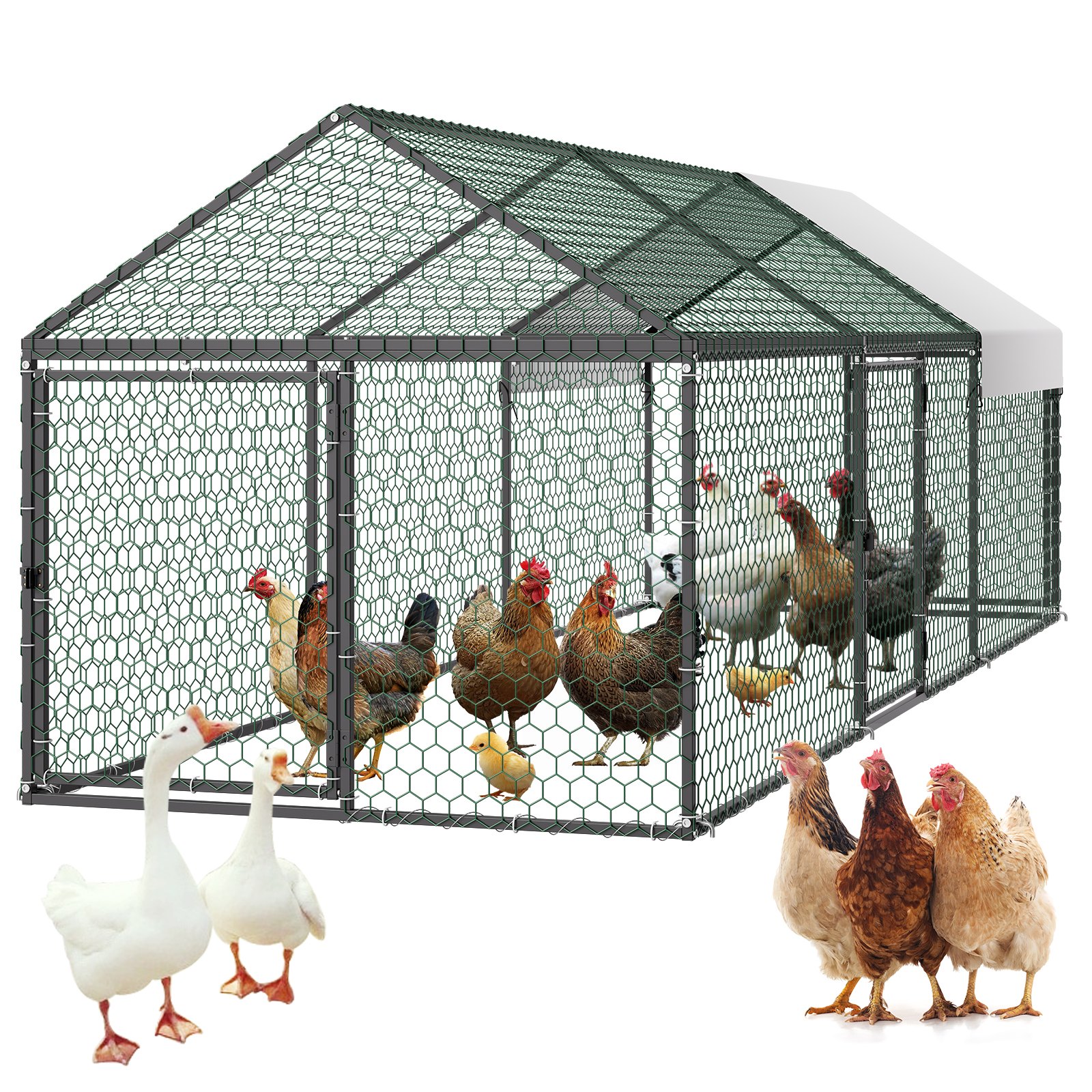 VEVOR Metal Chicken Coop for 6-8 Chickens 3.3x9.8x3.3 ft Small Chicken Cage, Spire Roof Poultry Run with Waterproof Cover & 3 Doors, Compatible with Wooden Coops, for Rabbit Hen Goose Duck, Backyard