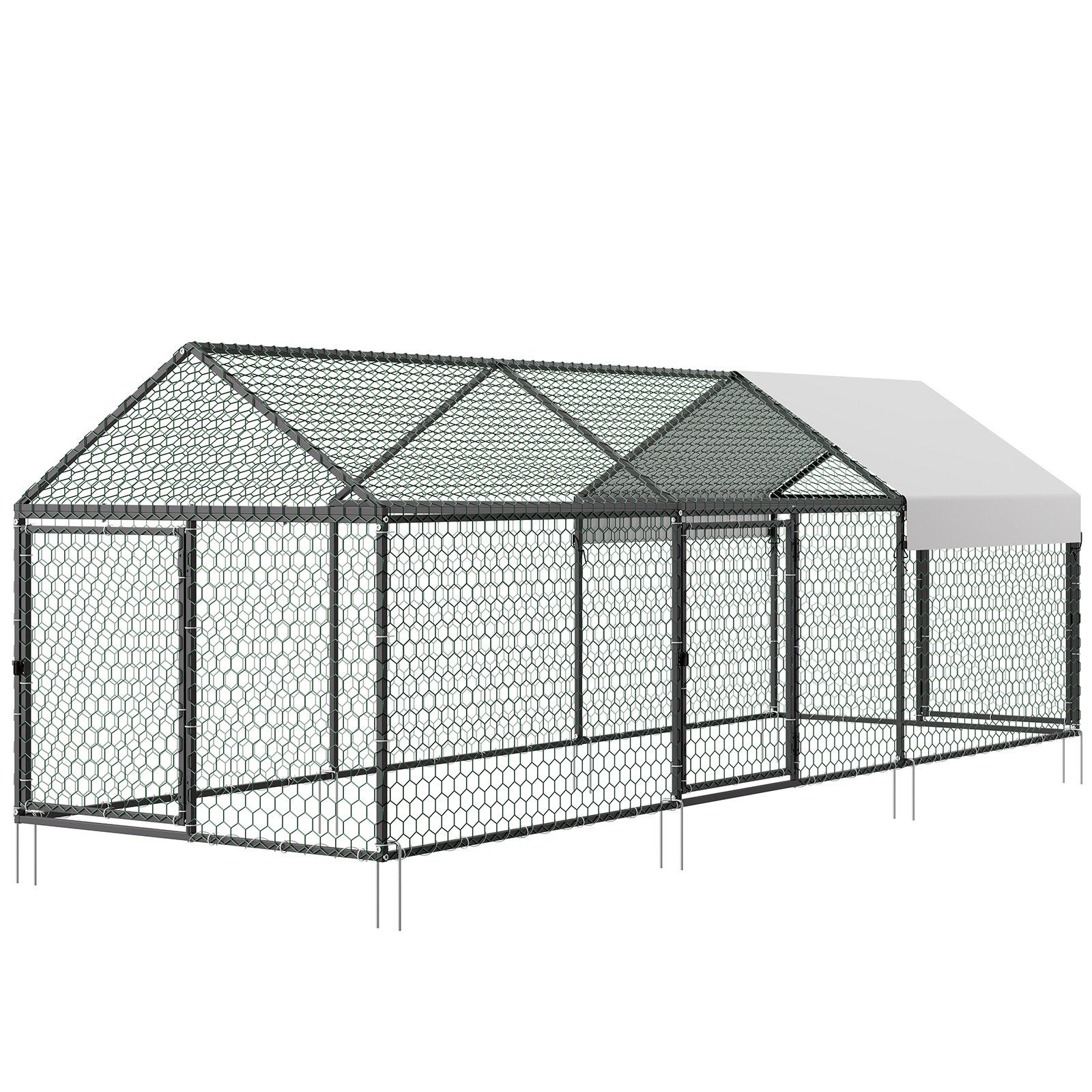 VEVOR Metal Chicken Coop for 6-8 Chickens 3.3x9.8x3.3 ft Small Chicken Cage, Spire Roof Poultry Run with Waterproof Cover & 3 Doors, Compatible with Wooden Coops, for Rabbit Hen Goose Duck, Backyard