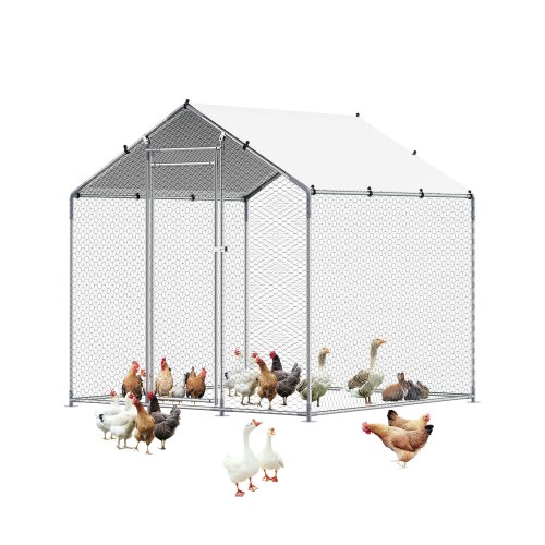 VEVOR Metal Chicken Coop, 6.56x6.56x6.56ft Large Walk-in Chicken Runs with Cover, Spire Roof Hen House Enclosure with Security Lock, Outdoor Duck Rabbit Cage Poultry Pen for Backyard, Farm, Yard