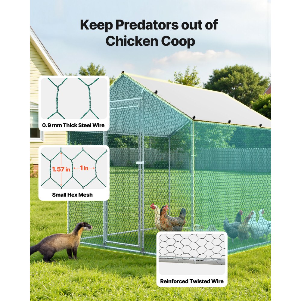 VEVOR Metal Chicken Coop, 6.56x6.56x6.56ft Large Walk-in Chicken Runs with Cover, Spire Roof Hen House Enclosure with Security Lock, Outdoor Duck Rabbit Cage Poultry Pen for Backyard, Farm, Yard