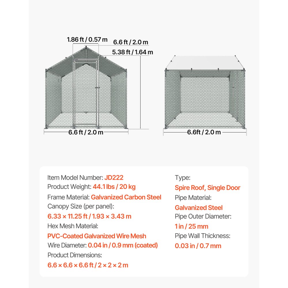 VEVOR Metal Chicken Coop, 6.56x6.56x6.56ft Large Walk-in Chicken Runs with Cover, Spire Roof Hen House Enclosure with Security Lock, Outdoor Duck Rabbit Cage Poultry Pen for Backyard, Farm, Yard