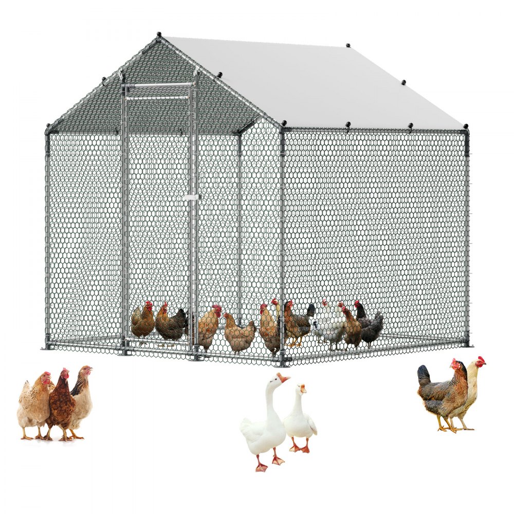 VEVOR Metal Chicken Coop, 6.56x6.56x6.56ft Large Walk-in Chicken Runs with Cover, Spire Roof Hen House Enclosure with Security Lock, Outdoor Duck Rabbit Cage Poultry Pen for Backyard, Farm, Yard