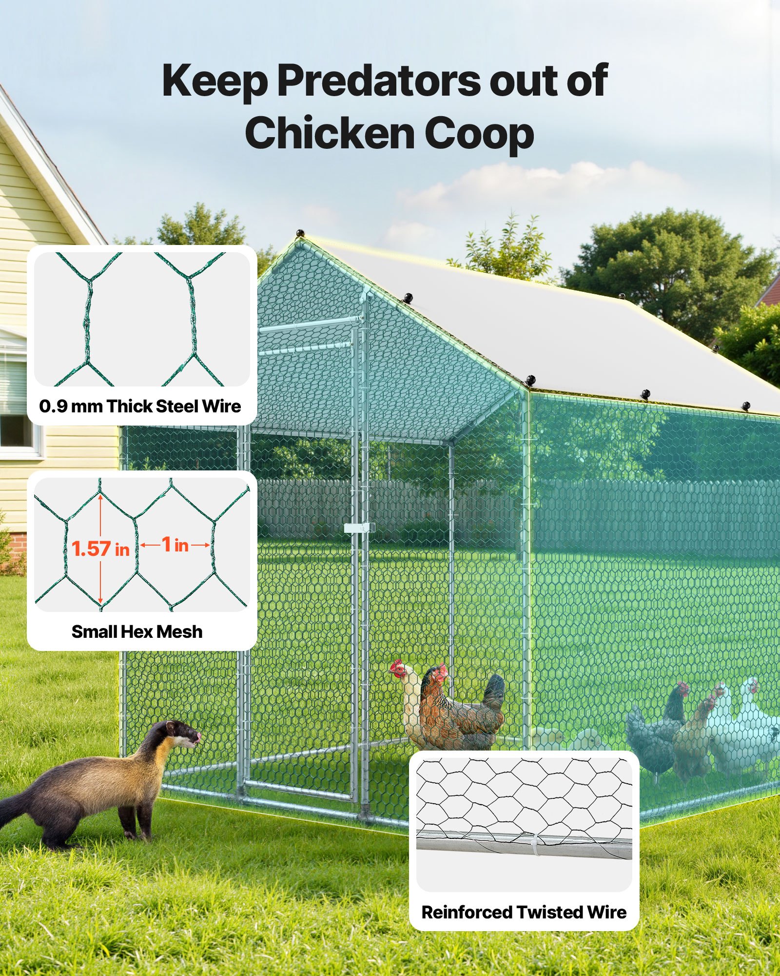 VEVOR Metal Chicken Coop, 6.56x6.56x6.56ft Large Walk-in Chicken Runs with Cover, Spire Roof Hen House Enclosure with Security Lock, Outdoor Duck Rabbit Cage Poultry Pen for Backyard, Farm, Yard