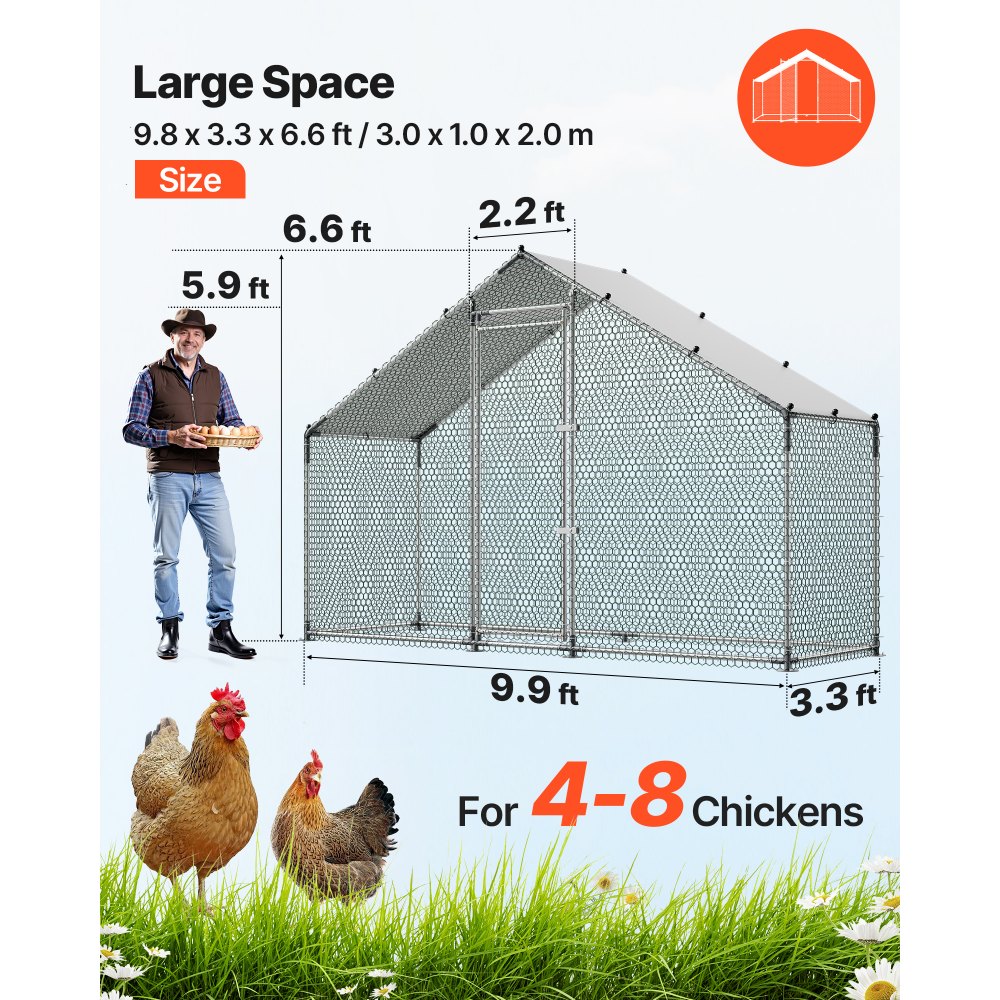 VEVOR Large Metal Chicken Coop,9.8 x 3.3 x 6.6 ft, Walk-in Chicken Run House with Waterproof Cover & Sturdy Frame, Spire Roof Poultry Cage Duck Pen for Rabbit Hen Goose Outdoor Backyard Farm Use