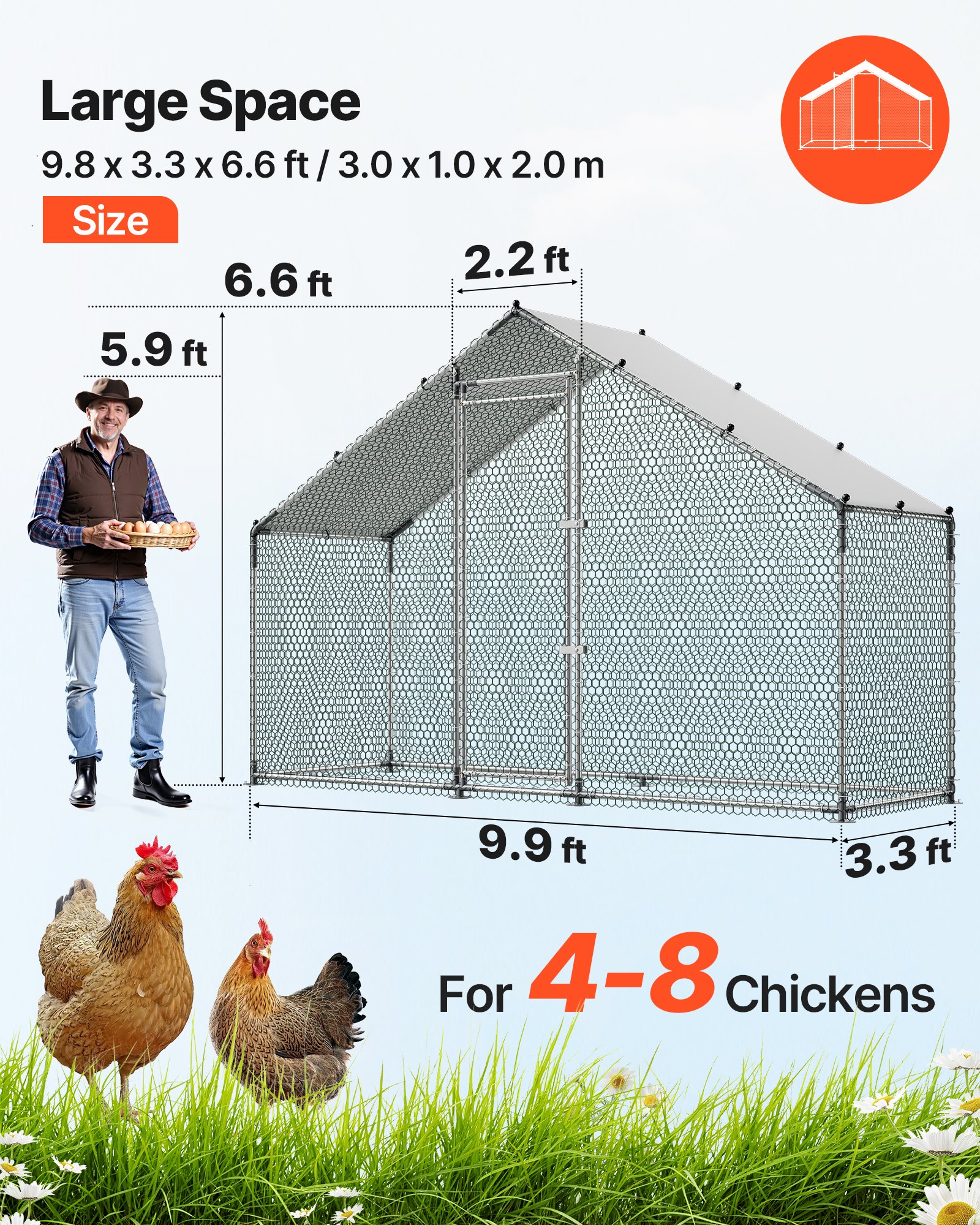 VEVOR Large Metal Chicken Coop,9.8 x 3.3 x 6.6 ft, Walk-in Chicken Run House with Waterproof Cover & Sturdy Frame, Spire Roof Poultry Cage Duck Pen for Rabbit Hen Goose Outdoor Backyard Farm Use