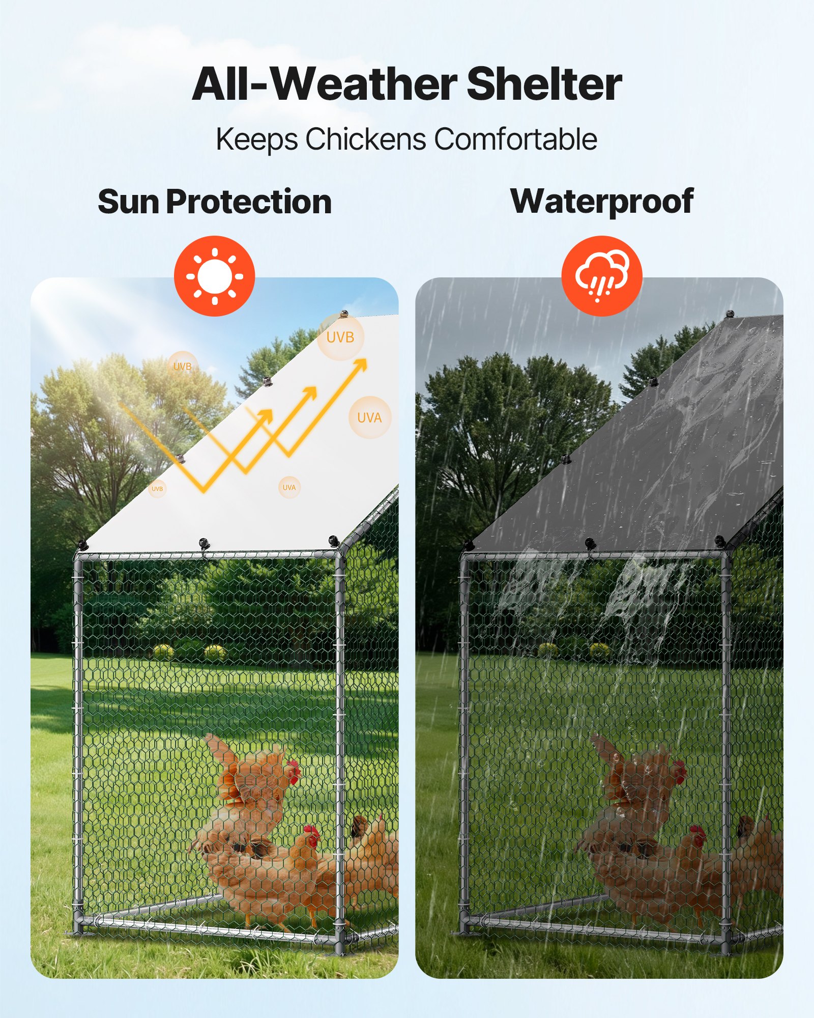 VEVOR Large Metal Chicken Coop,9.8 x 3.3 x 6.6 ft, Walk-in Chicken Run House with Waterproof Cover & Sturdy Frame, Spire Roof Poultry Cage Duck Pen for Rabbit Hen Goose Outdoor Backyard Farm Use