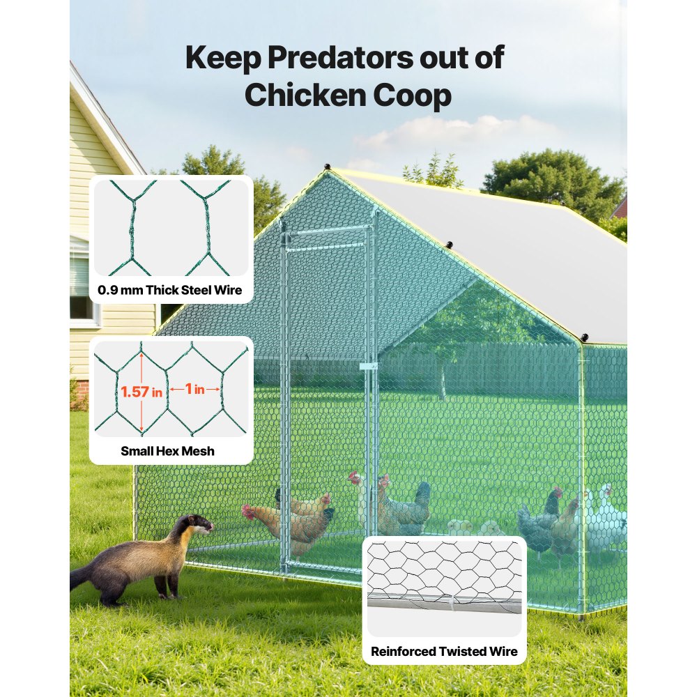 VEVOR Metal Chicken Coop, 9.8x6.5x6.5ft Large Walk-in Chicken Runs with Cover, Spire Roof Hen House Enclosure with Security Lock, Outdoor Duck Rabbit Cage Poultry Pen for Backyard, Farm, Yard