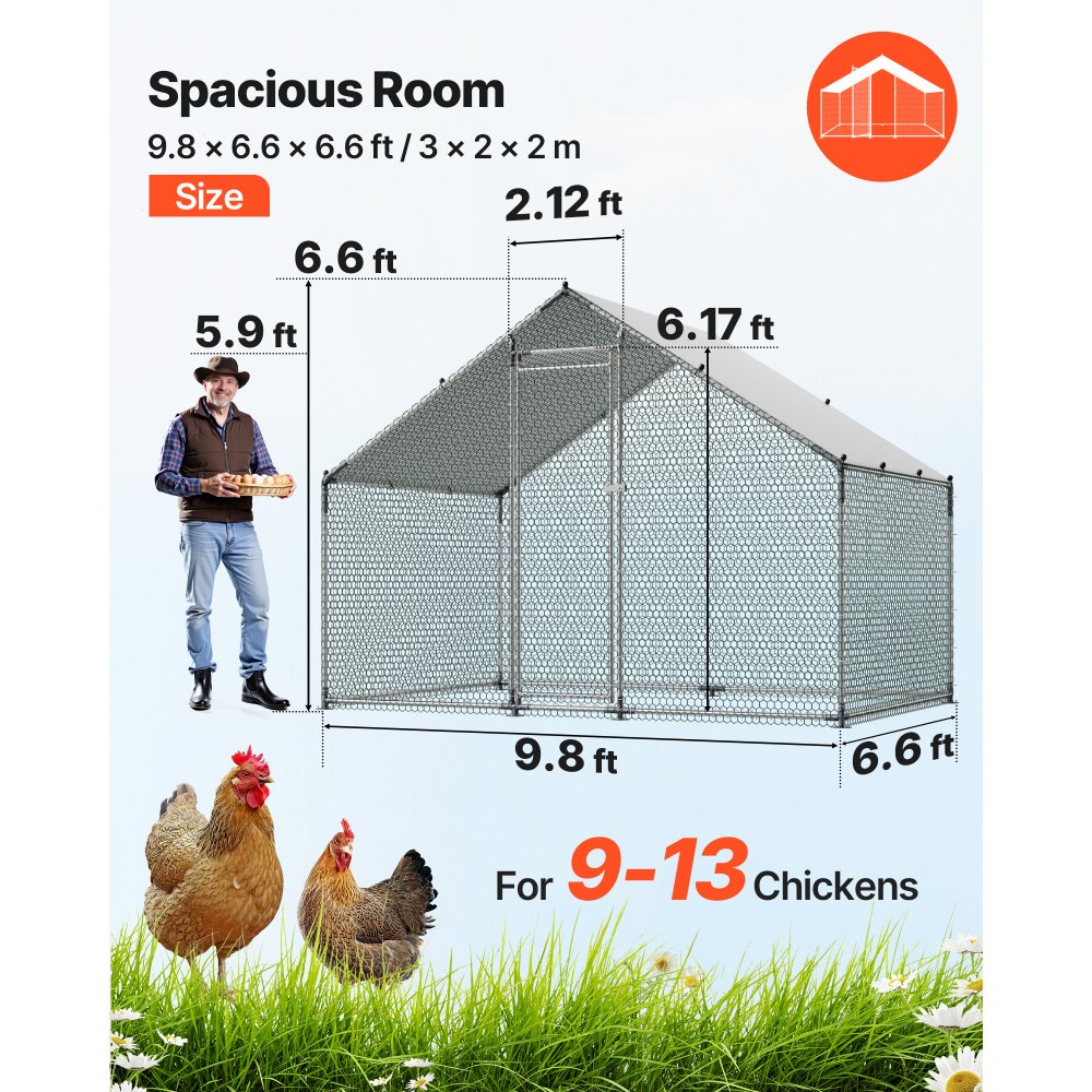 VEVOR Large Metal Chicken Coop, 3 x 2 x 2 m, Walk-in Chicken Runs with Waterproof Cover, Spire Roof Hen House Enclosure with Lock, Outdoor Duck Rabbit Cage Poultry Pen for Backyard, Farm, Yard Use