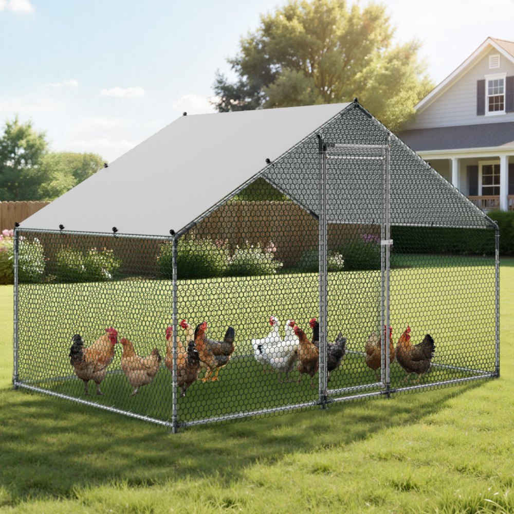 VEVOR Large Metal Chicken Coop, 3 x 2 x 2 m, Walk-in Chicken Runs with Waterproof Cover, Spire Roof Hen House Enclosure with Lock, Outdoor Duck Rabbit Cage Poultry Pen for Backyard, Farm, Yard Use