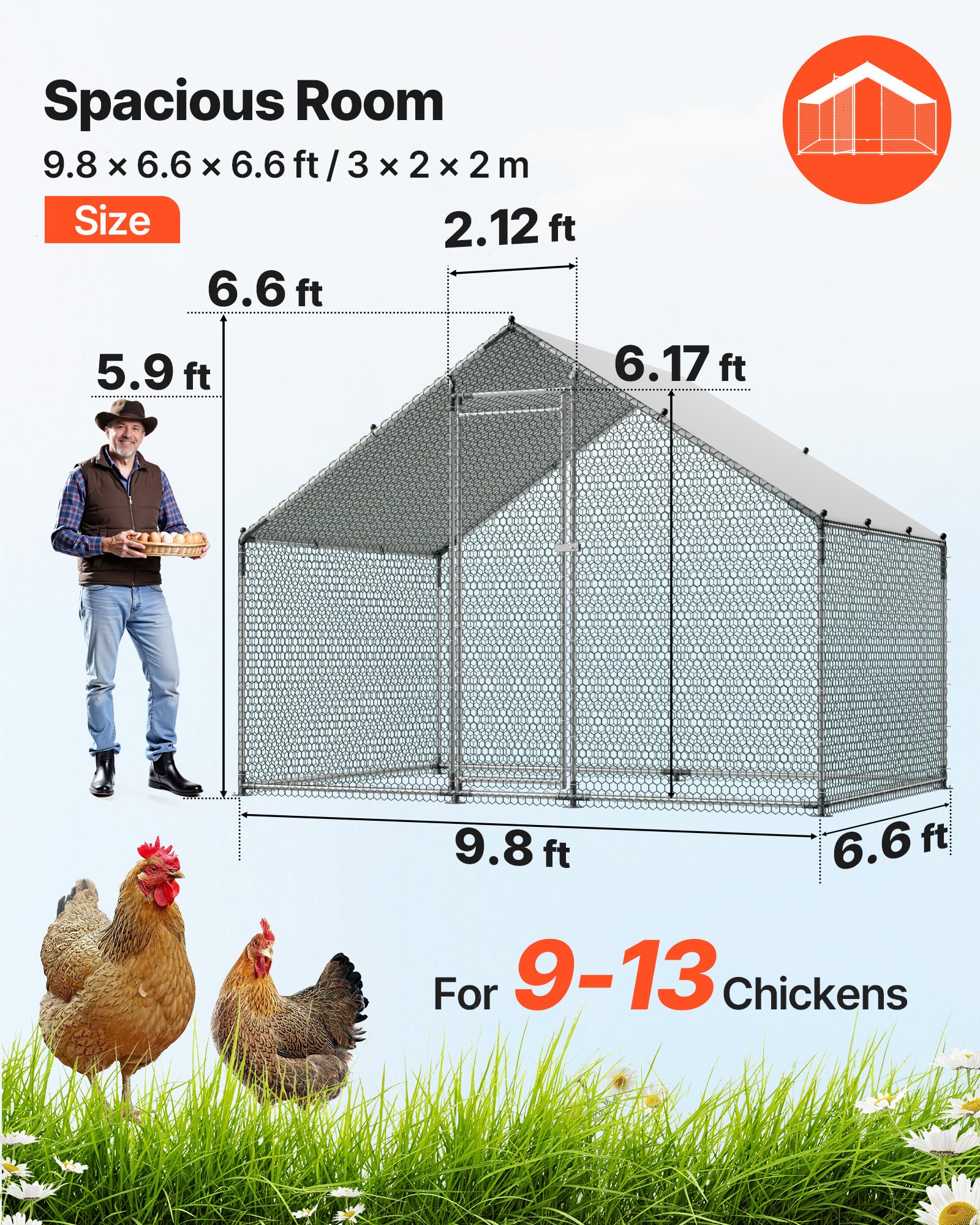 VEVOR Large Metal Chicken Coop, 3 x 2 x 2 m, Walk-in Chicken Runs with Waterproof Cover, Spire Roof Hen House Enclosure with Lock, Outdoor Duck Rabbit Cage Poultry Pen for Backyard, Farm, Yard Use