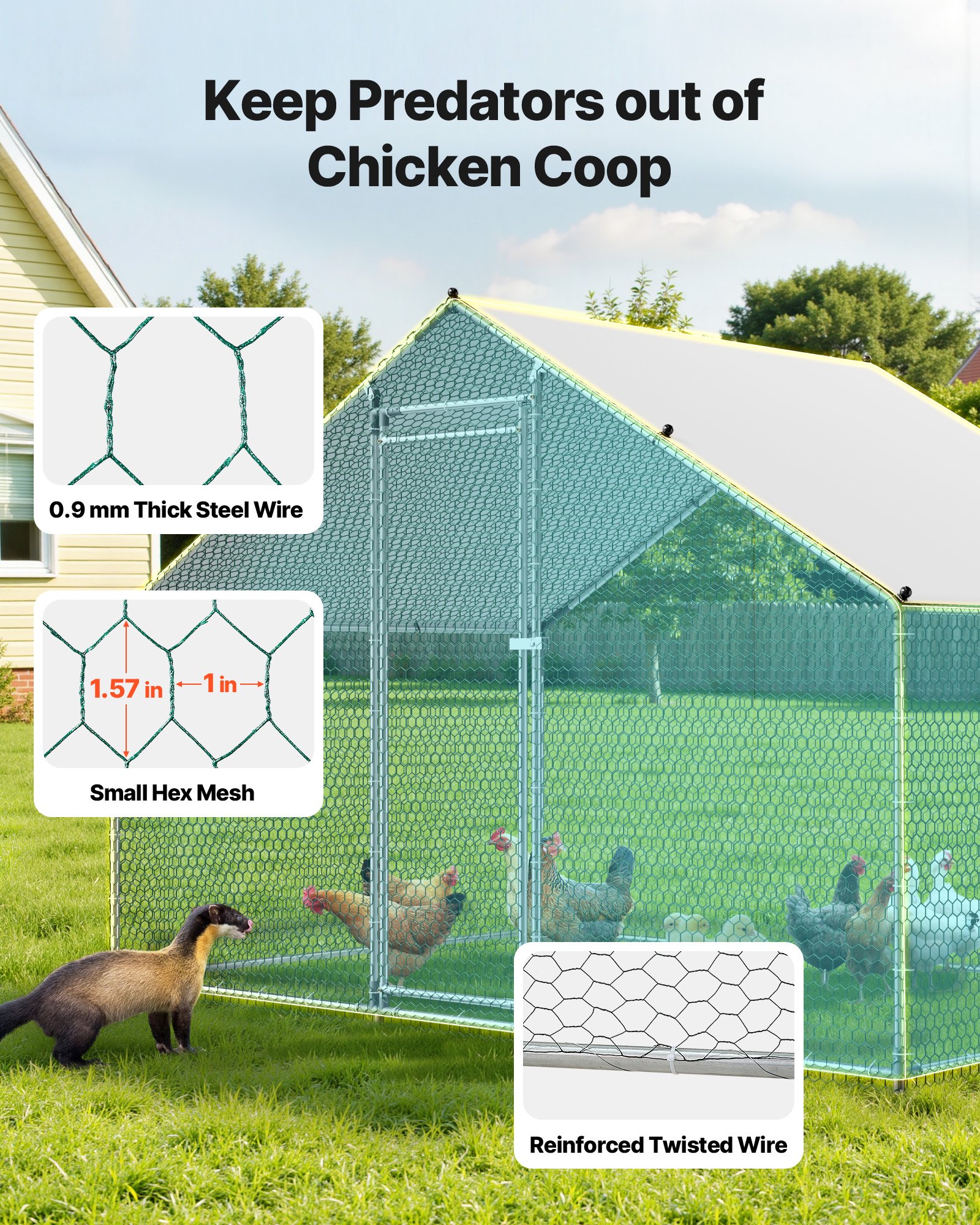VEVOR Large Metal Chicken Coop, 3 x 2 x 2 m, Walk-in Chicken Runs with Waterproof Cover, Spire Roof Hen House Enclosure with Lock, Outdoor Duck Rabbit Cage Poultry Pen for Backyard, Farm, Yard Use