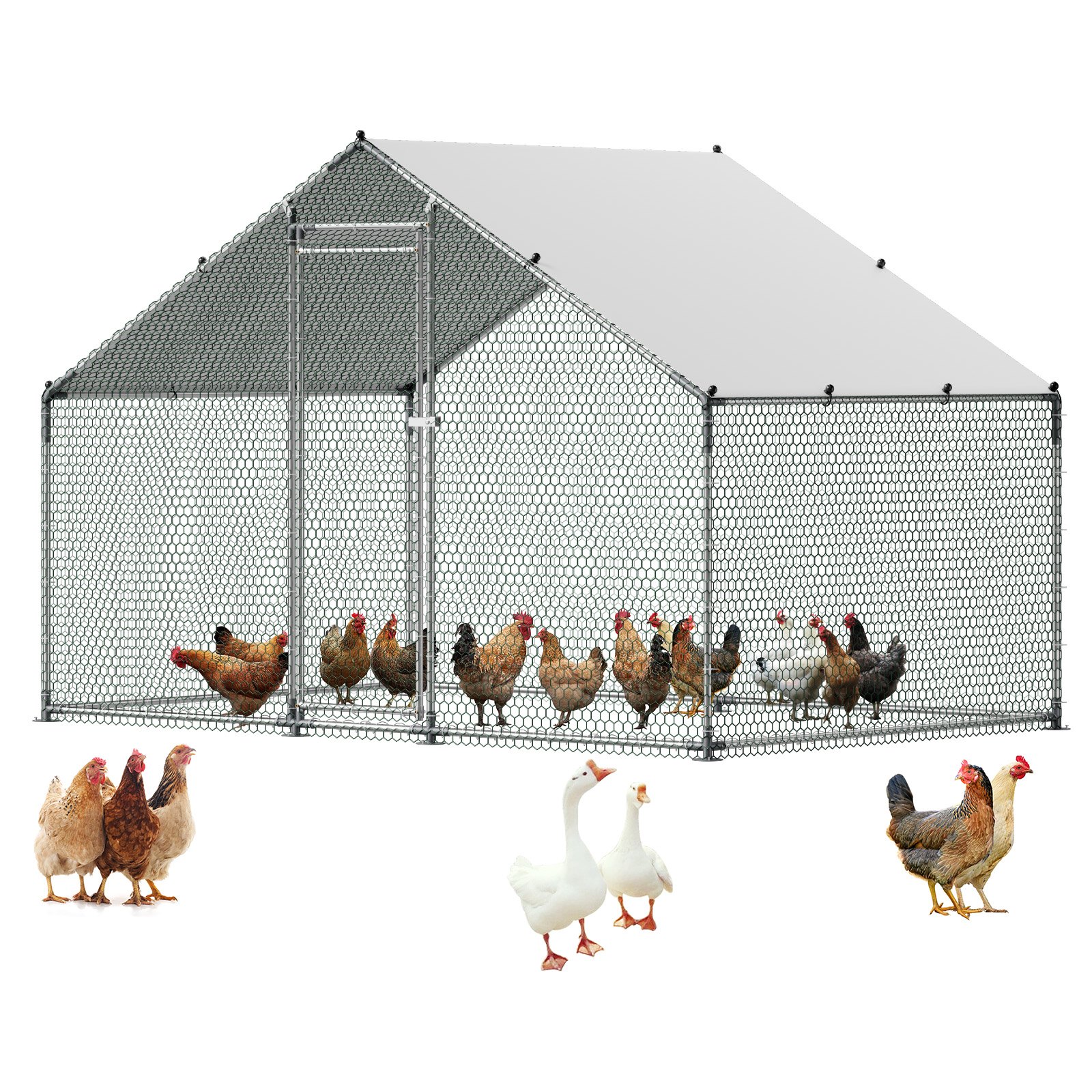 VEVOR Large Metal Chicken Coop, 3 x 2 x 2 m, Walk-in Chicken Runs with Waterproof Cover, Spire Roof Hen House Enclosure with Lock, Outdoor Duck Rabbit Cage Poultry Pen for Backyard, Farm, Yard Use