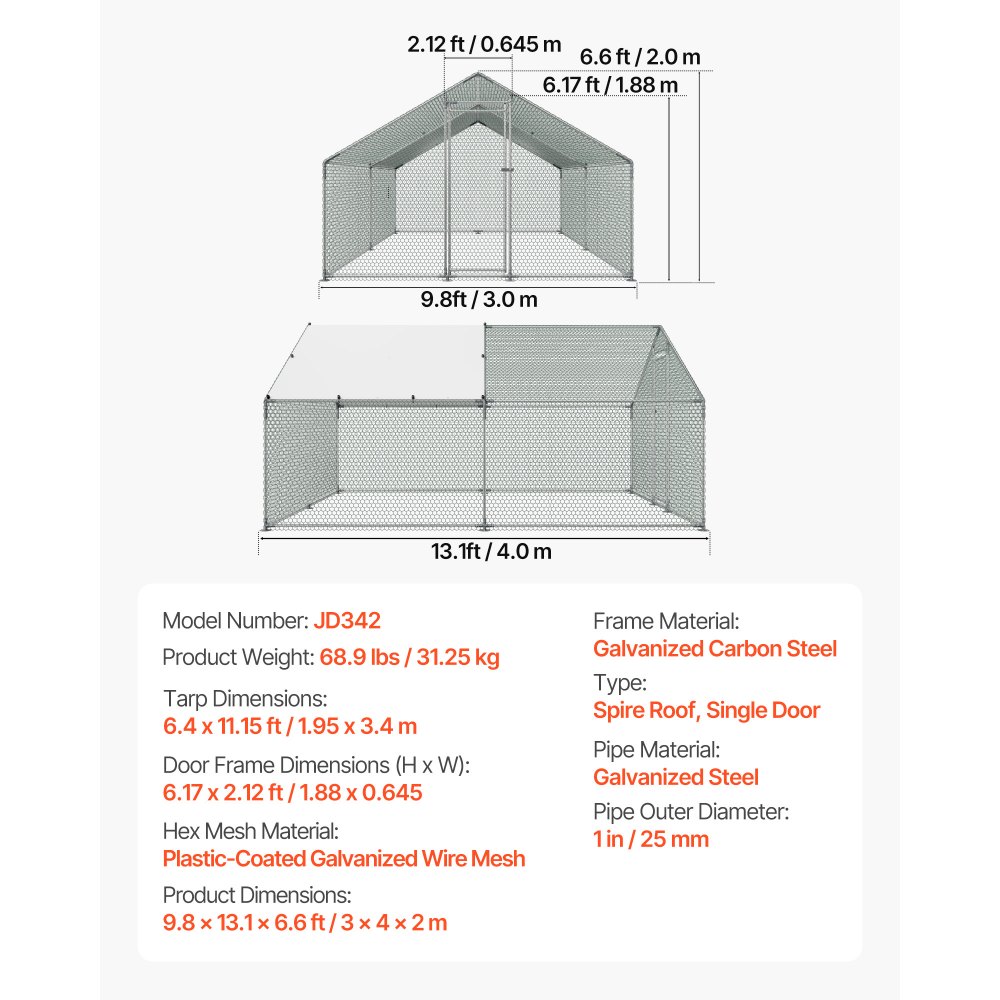 VEVOR Large Metal Chicken Coop, 3 x 4 x 2 m, Walk-in Chicken Runs with Waterproof Cover, Spire Roof Hen House Enclosure with Lock, Outdoor Duck Rabbit Cage Poultry Pen for Backyard, Farm, Yard Use
