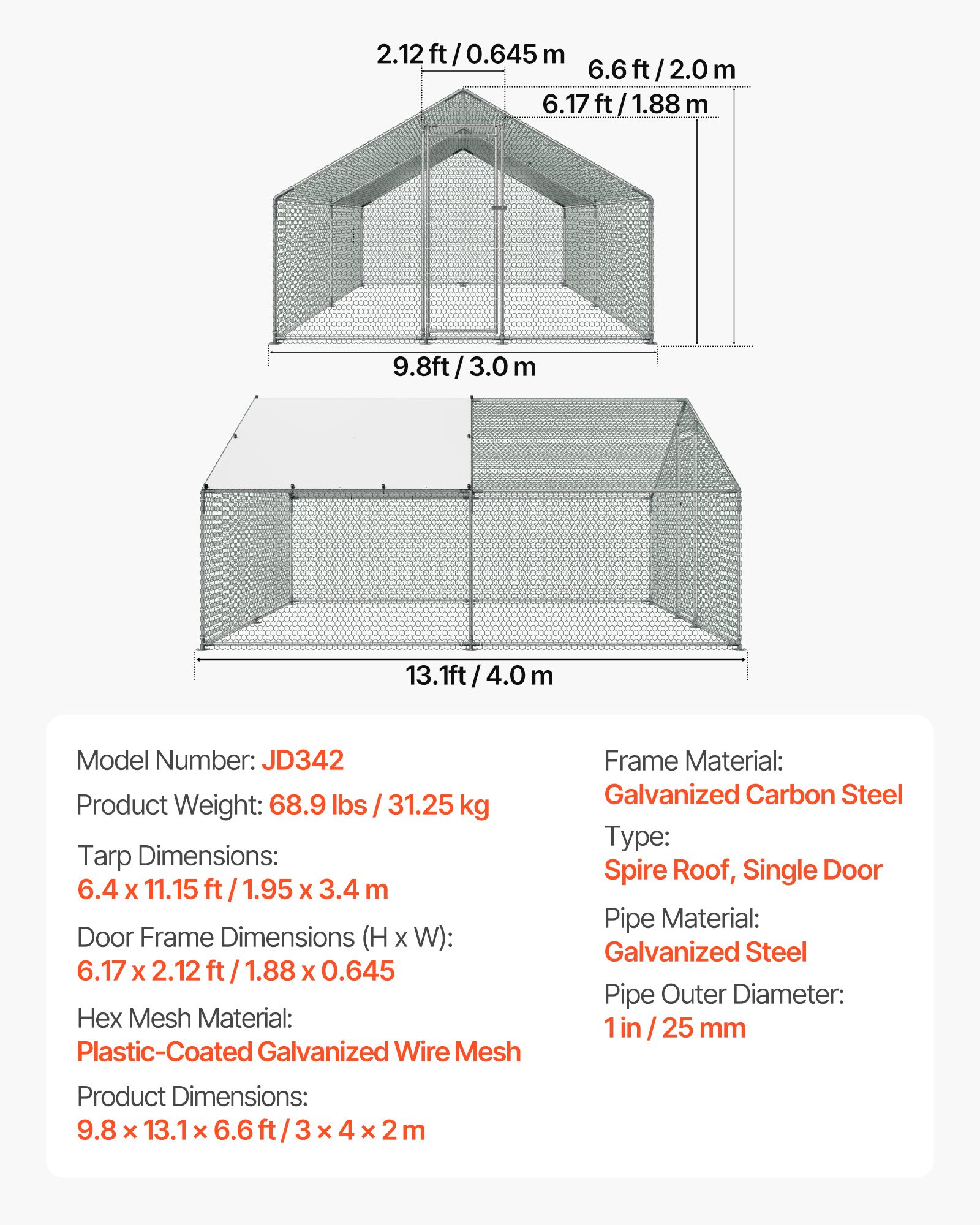 VEVOR Large Metal Chicken Coop, 3 x 4 x 2 m, Walk-in Chicken Runs with Waterproof Cover, Spire Roof Hen House Enclosure with Lock, Outdoor Duck Rabbit Cage Poultry Pen for Backyard, Farm, Yard Use