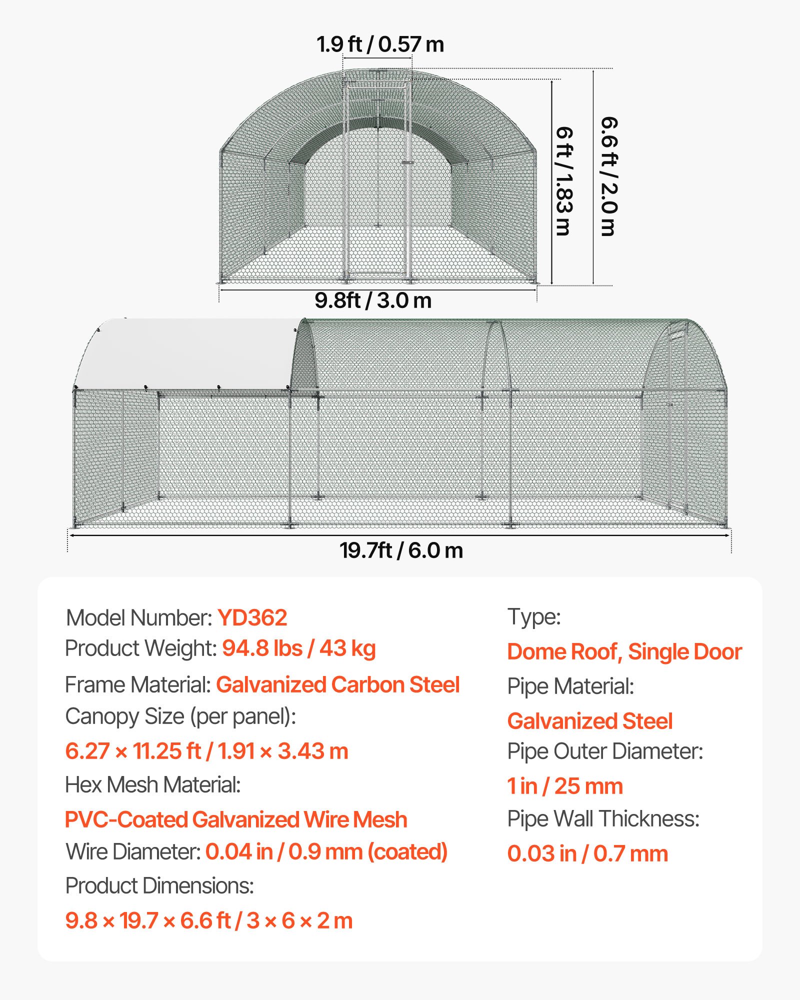 VEVOR Metal Chicken Coop, 9.8x19.3x6.5 ft Large Walk-in Chicken Runs with Cover, Doom Roof Hen House Enclosure with Security Lock, Outdoor Duck Rabbit Cage Poultry Pen for Backyard, Farm, Yard