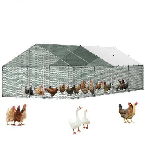 VEVOR Metal Chicken Coop, 9.8x26.2x6.5 ft Large Walk-in Chicken Runs with Cover, Spire Roof Hen House Enclosure with Security Lock, Outdoor Duck Rabbit Cage Poultry Pen for Backyard, Farm, Yard