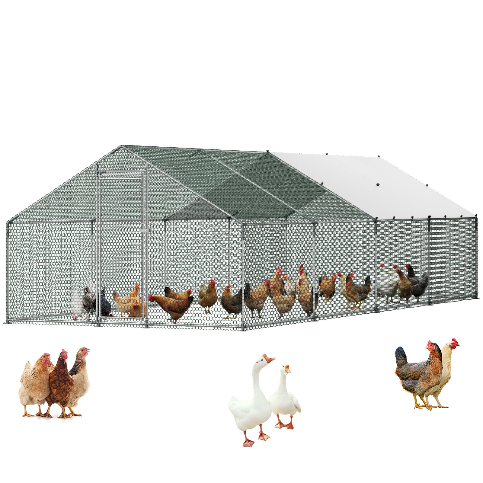 VEVOR Metal Chicken Coop, 9.8x26.2x6.5 ft Large Walk-in Chicken Runs with Cover, Spire Roof Hen House Enclosure with Security Lock, Outdoor Duck Rabbit Cage Poultry Pen for Backyard, Farm, Yard