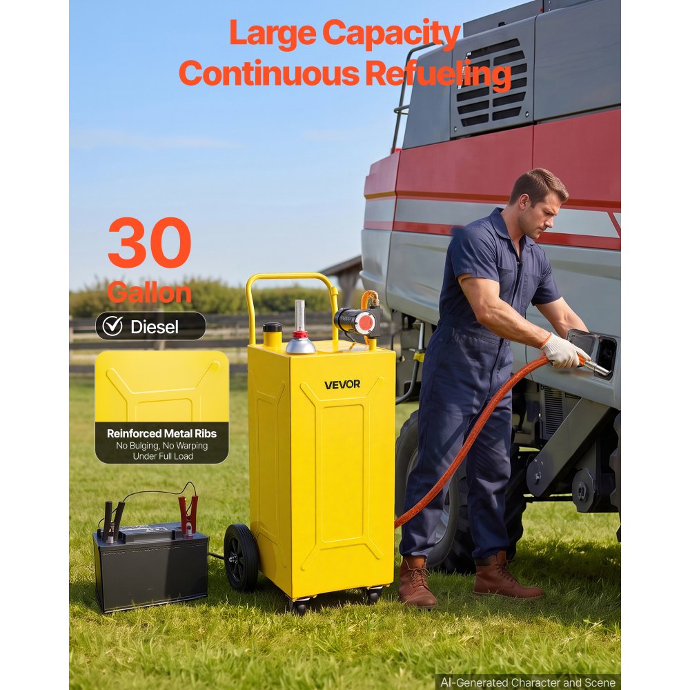 VEVOR 113.6L Diesel Caddy, Carbon Steel, Portable Diesel Transfer Storage Tank with Electric Pump & 4 Rolling Wheels, Transfer Can Container, for Tractors, Forklifts, Loaders, Farm Equipment, Yellow
