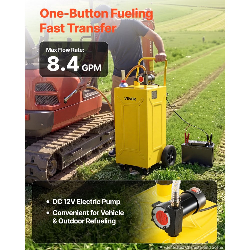 VEVOR 113.6L Diesel Caddy, Carbon Steel, Portable Diesel Transfer Storage Tank with Electric Pump & 4 Rolling Wheels, Transfer Can Container, for Tractors, Forklifts, Loaders, Farm Equipment, Yellow